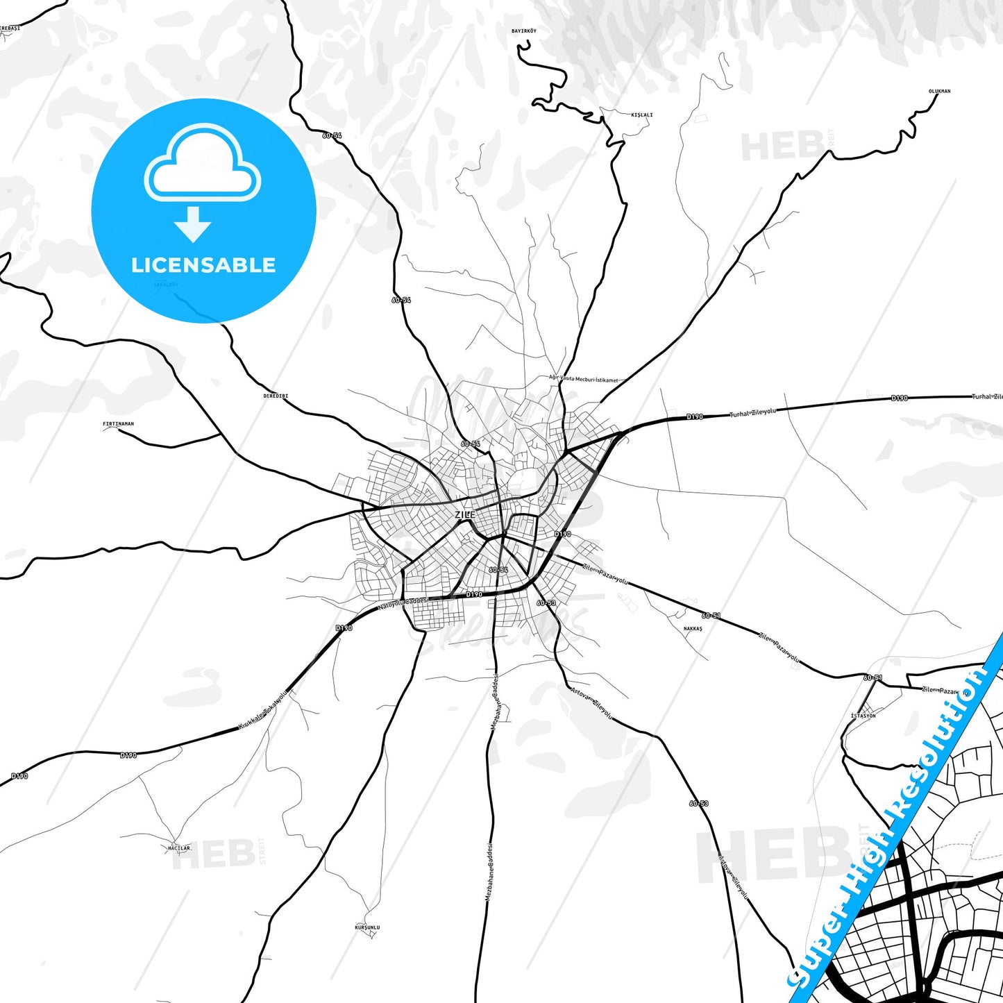 Zile, Turkey Light Map with Street Names, City Names, and Districts