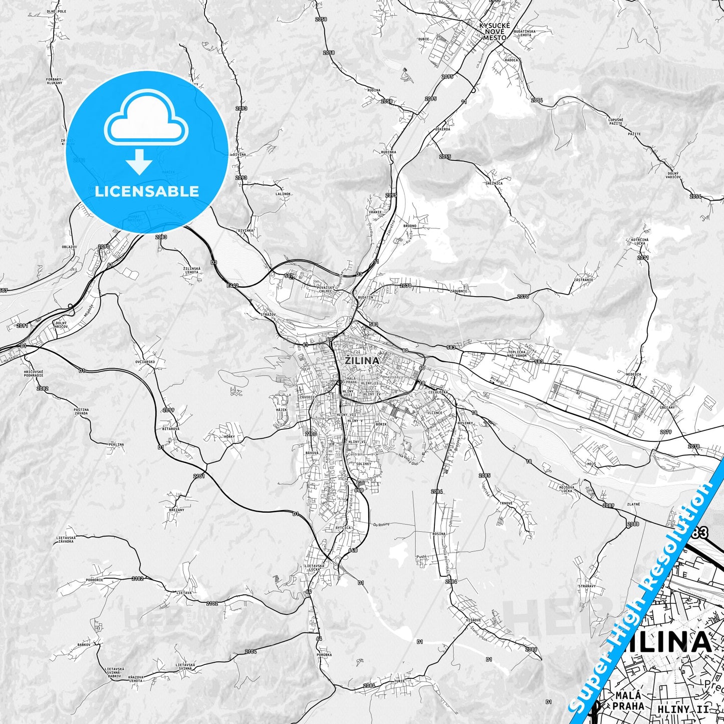 Žilina, Slovakia light map with streetnames, citynames and districts
