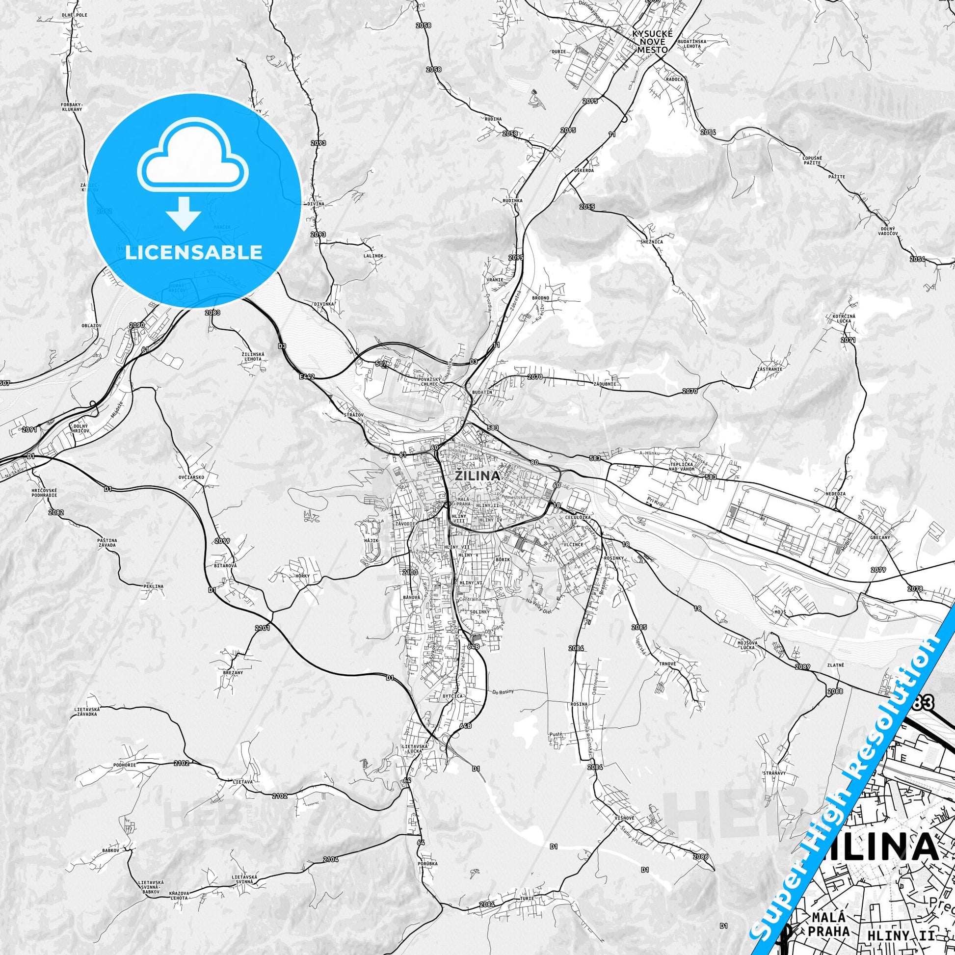 Žilina, Slovakia light map with streetnames, citynames and districts