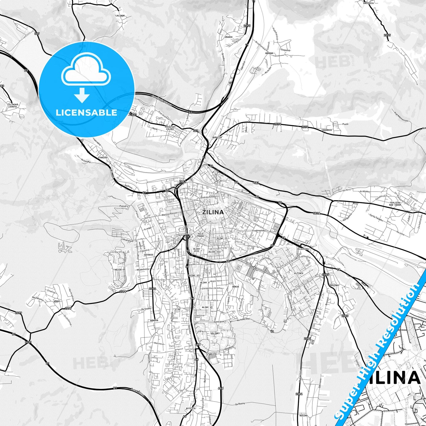 Žilina, Slovakia Light Map with Street Names, City Names, and Districts