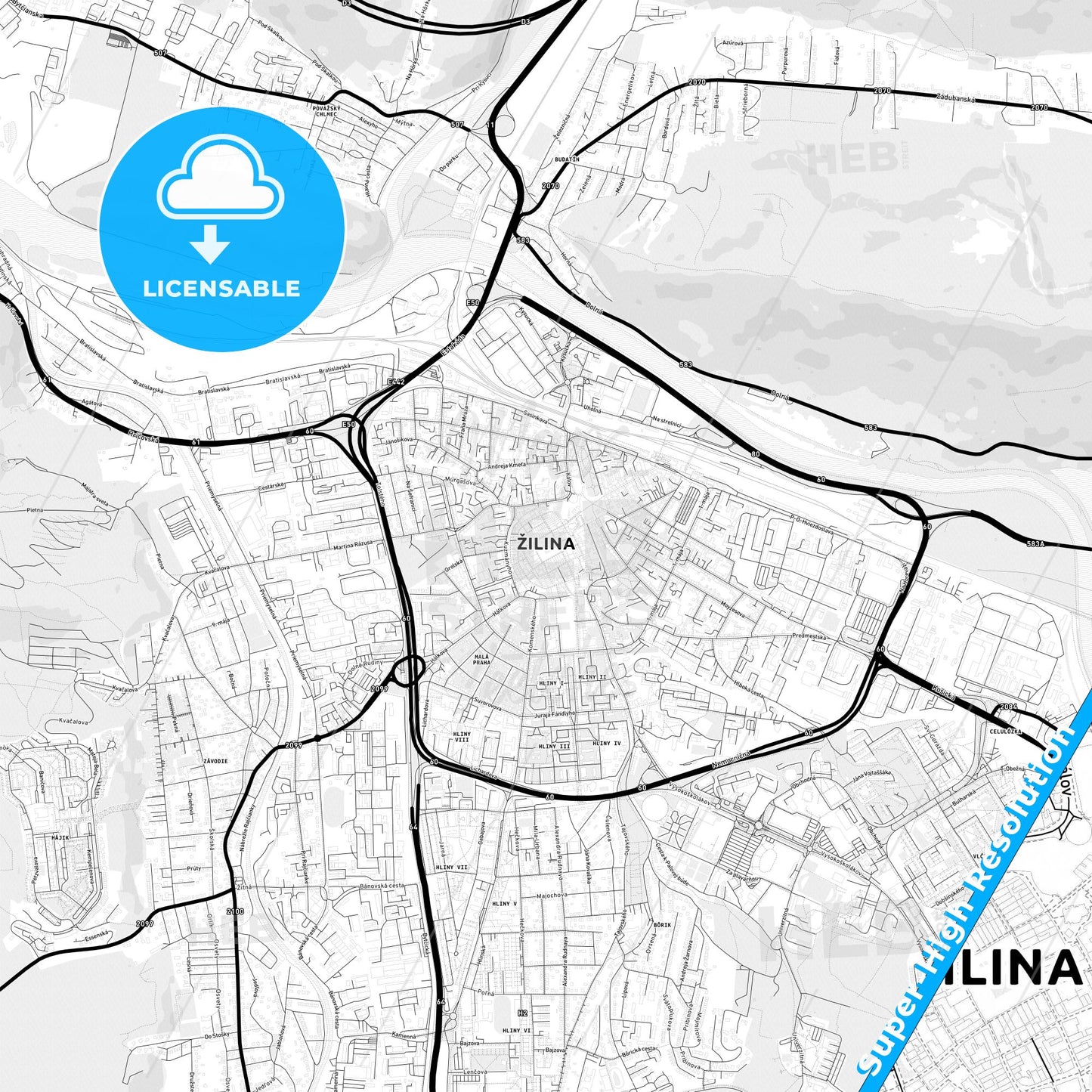 Žilina, Slovakia Light Map with Street Names, City Names, and Districts