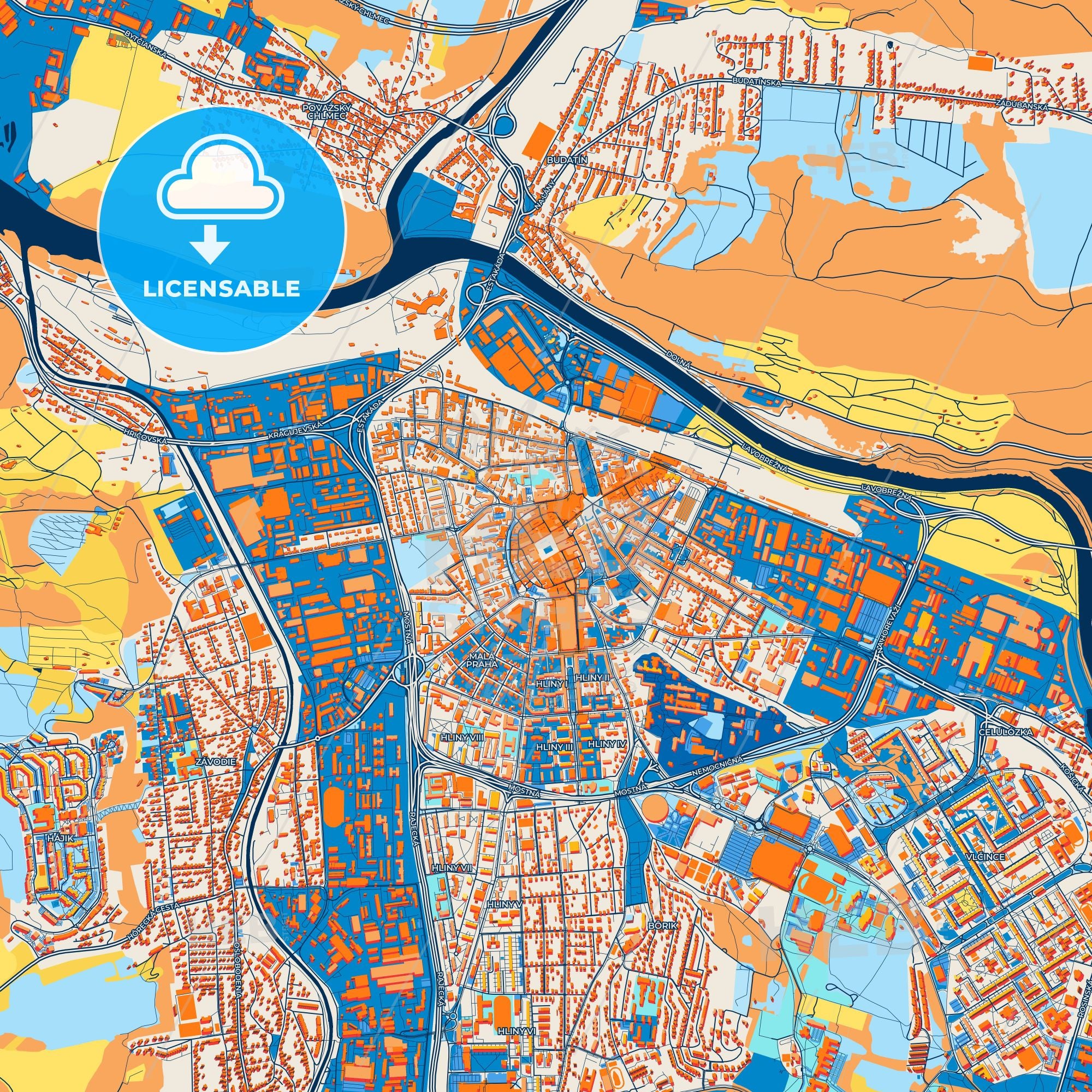 Colorful Žilina Street Map With Labels And Buildings – HEBSTREITS