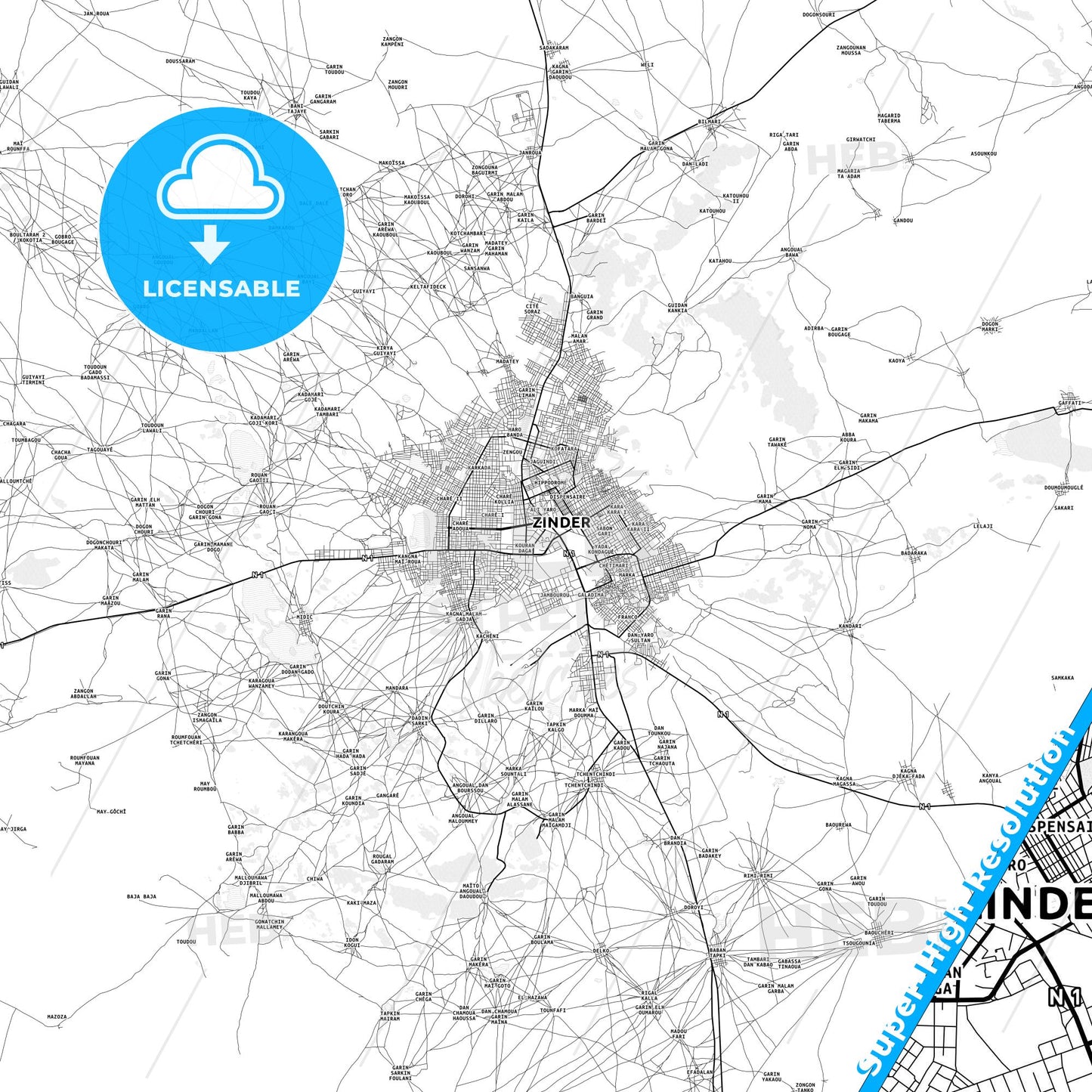 Zinder, Niger light map with streetnames, citynames and districts
