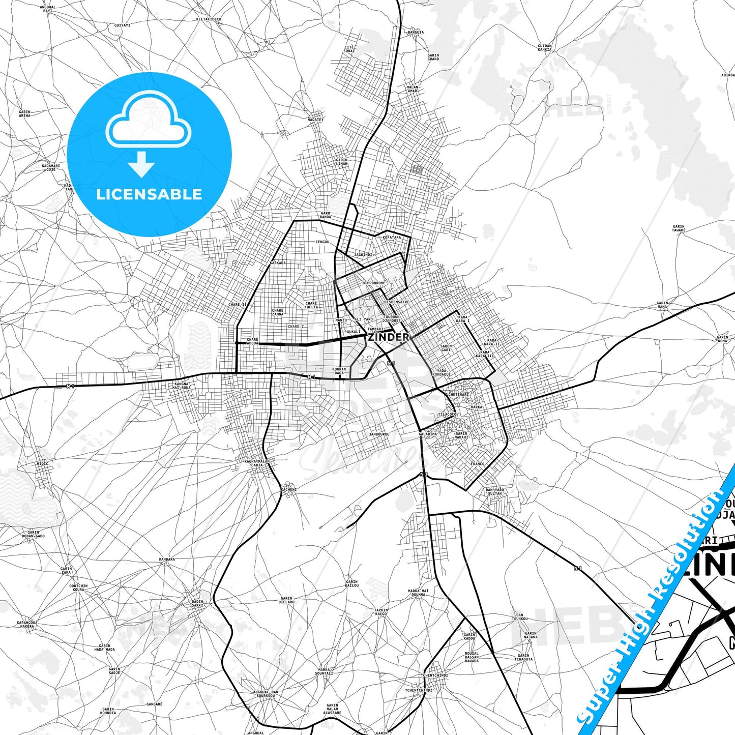 Zinder, Niger Light Map with Street Names, City Names, and Districts