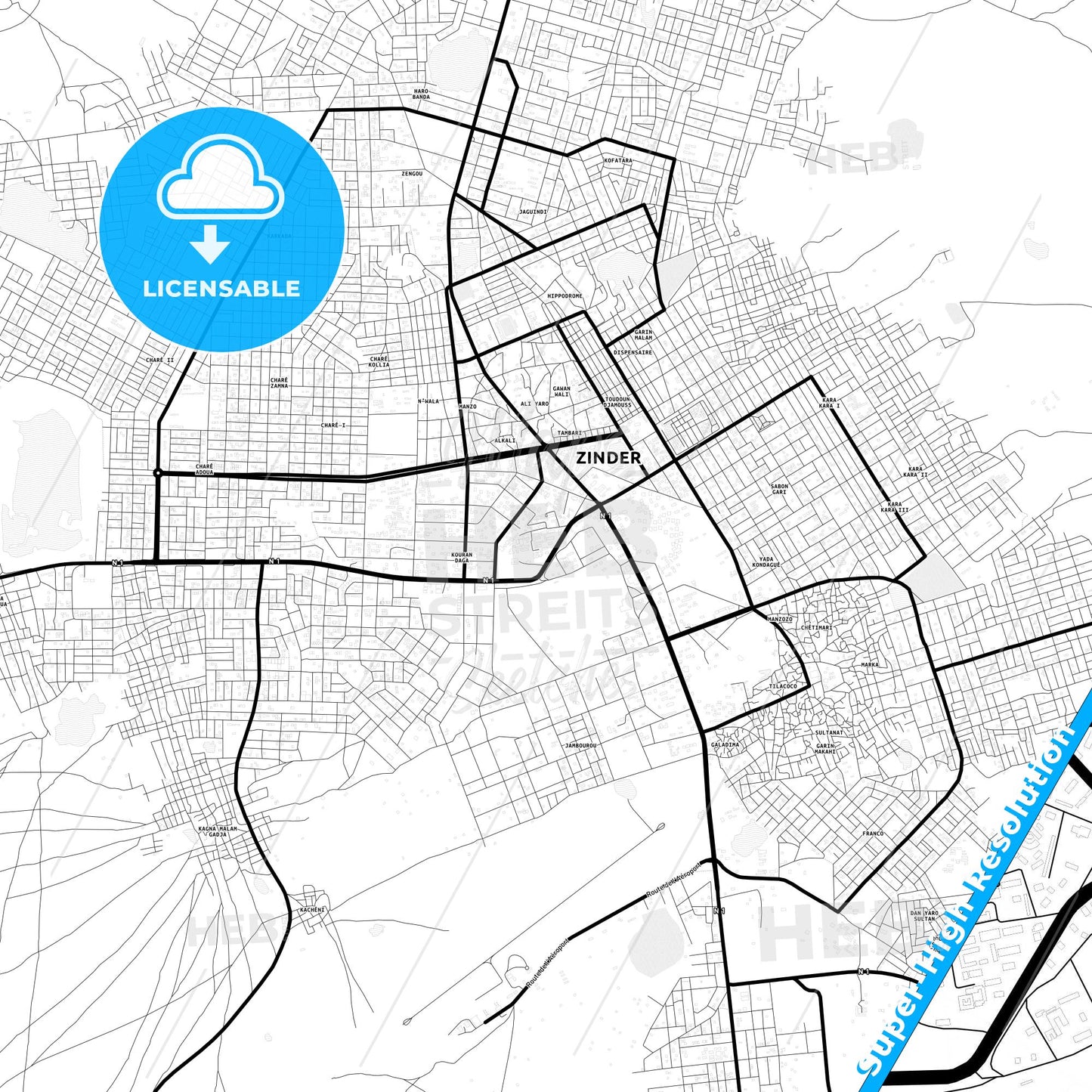 Zinder, Niger Light Map with Street Names, City Names, and Districts