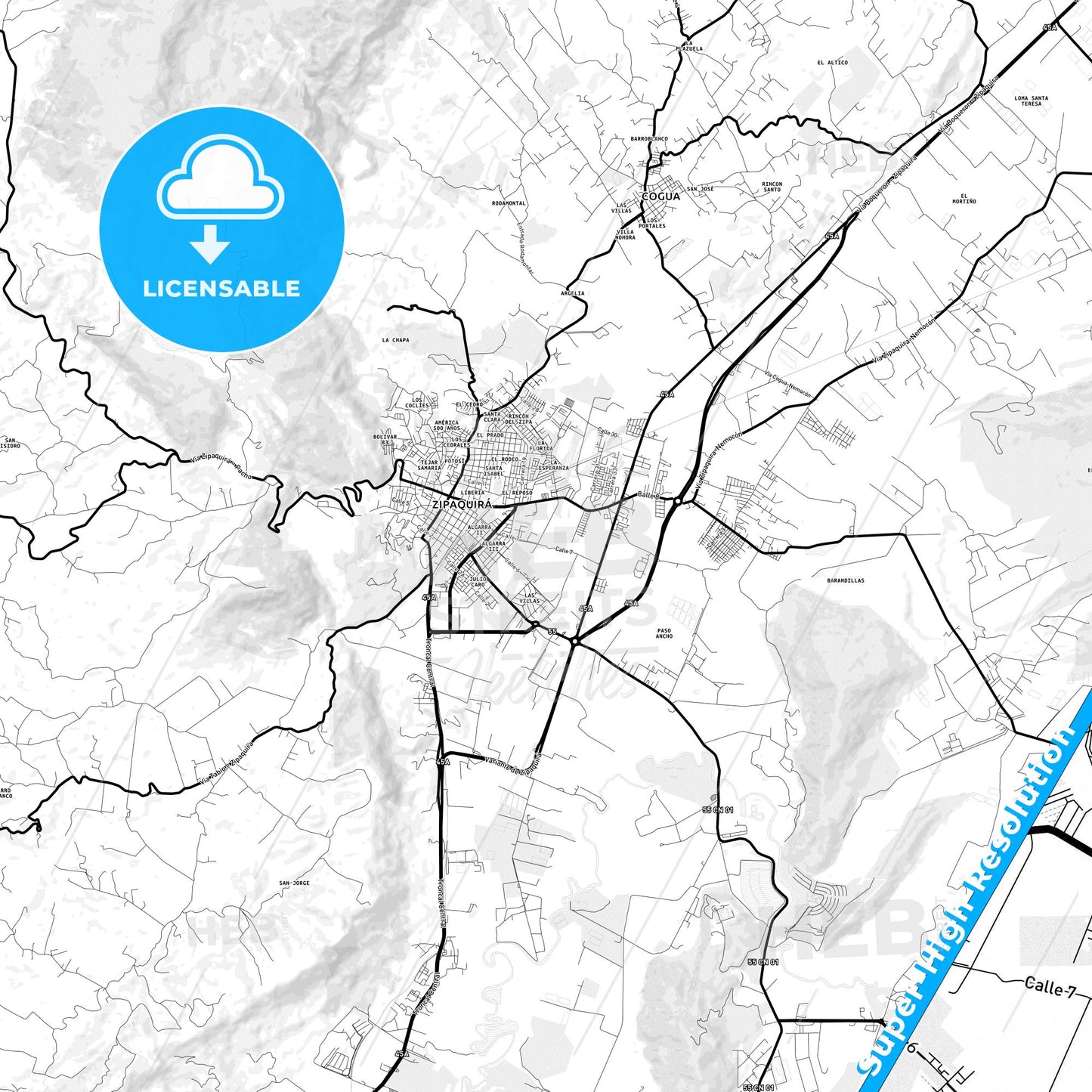 Zipaquira, Colombia Light Map with Street Names, City Names, and Districts