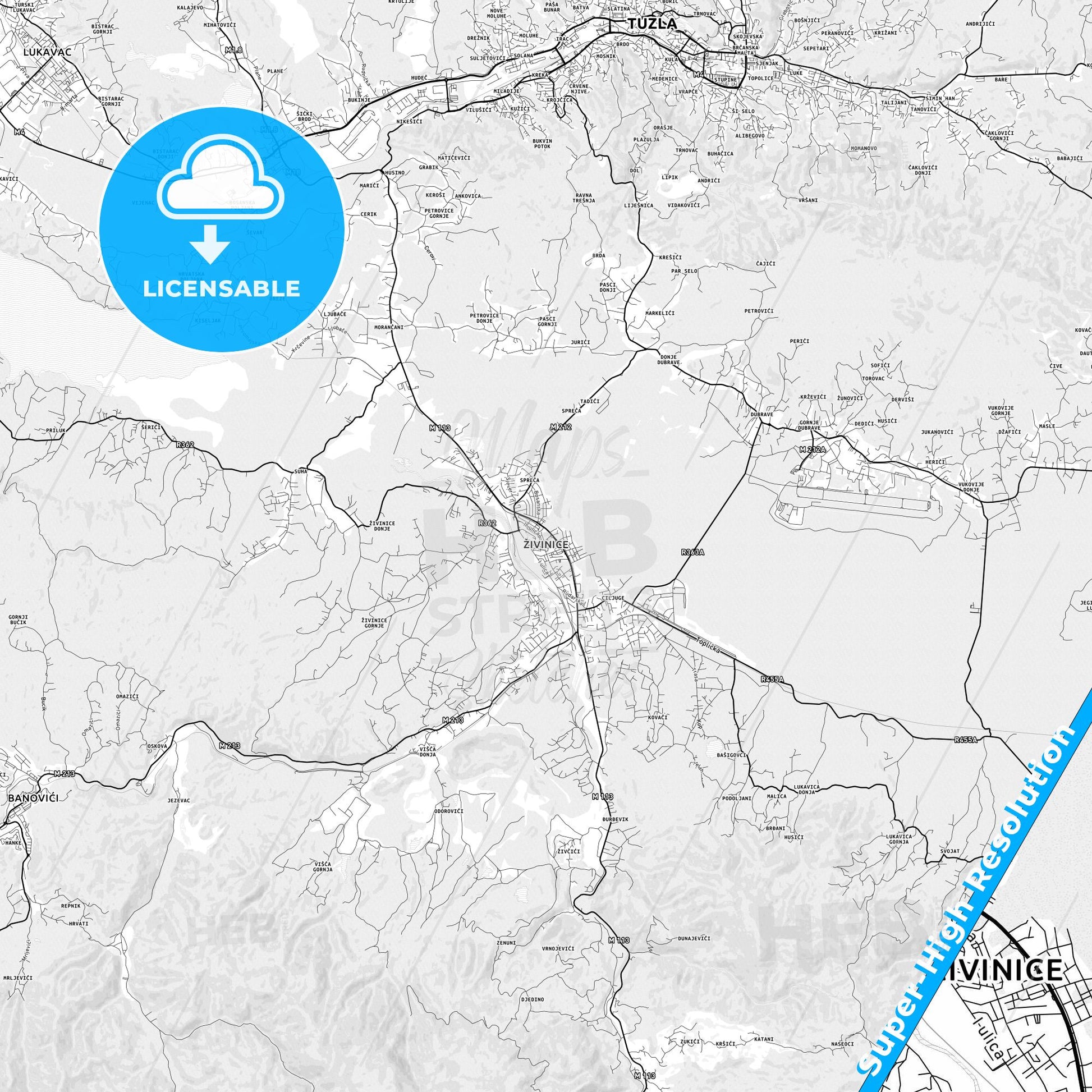 Živinice, Bosnia and Herzegovina light map with streetnames, citynames and districts