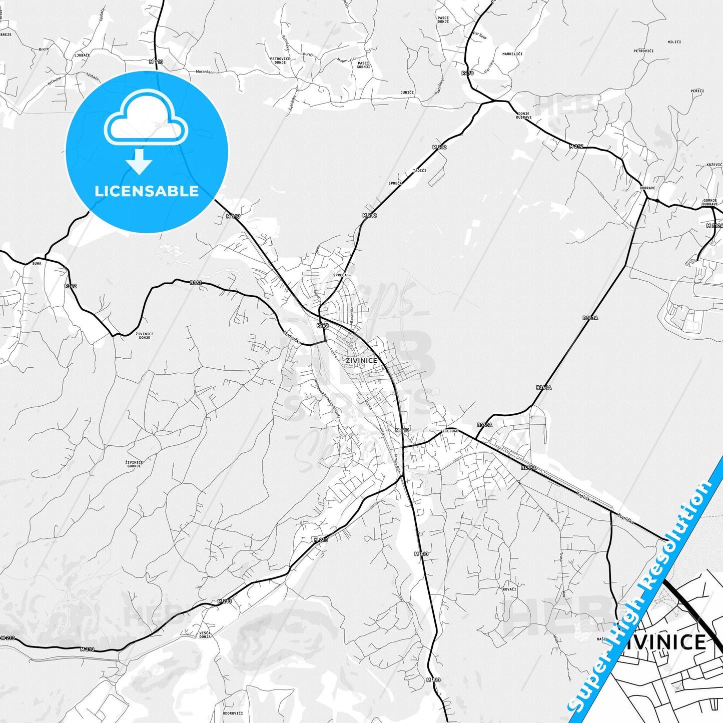 Živinice, Bosnia and Herzegovina Light Map with Street Names, City Names, and Districts