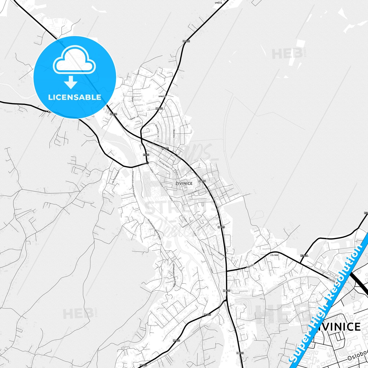Živinice, Bosnia and Herzegovina Light Map with Street Names, City Names, and Districts