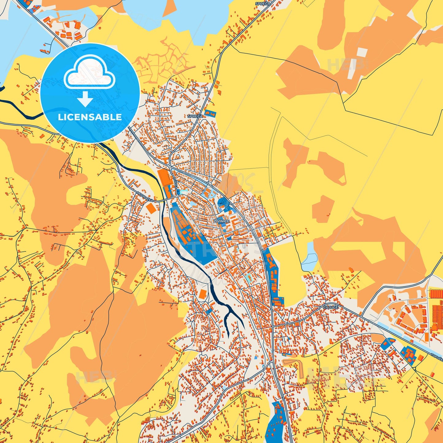 Colorful Živinice Street Map with Labels and Buildings