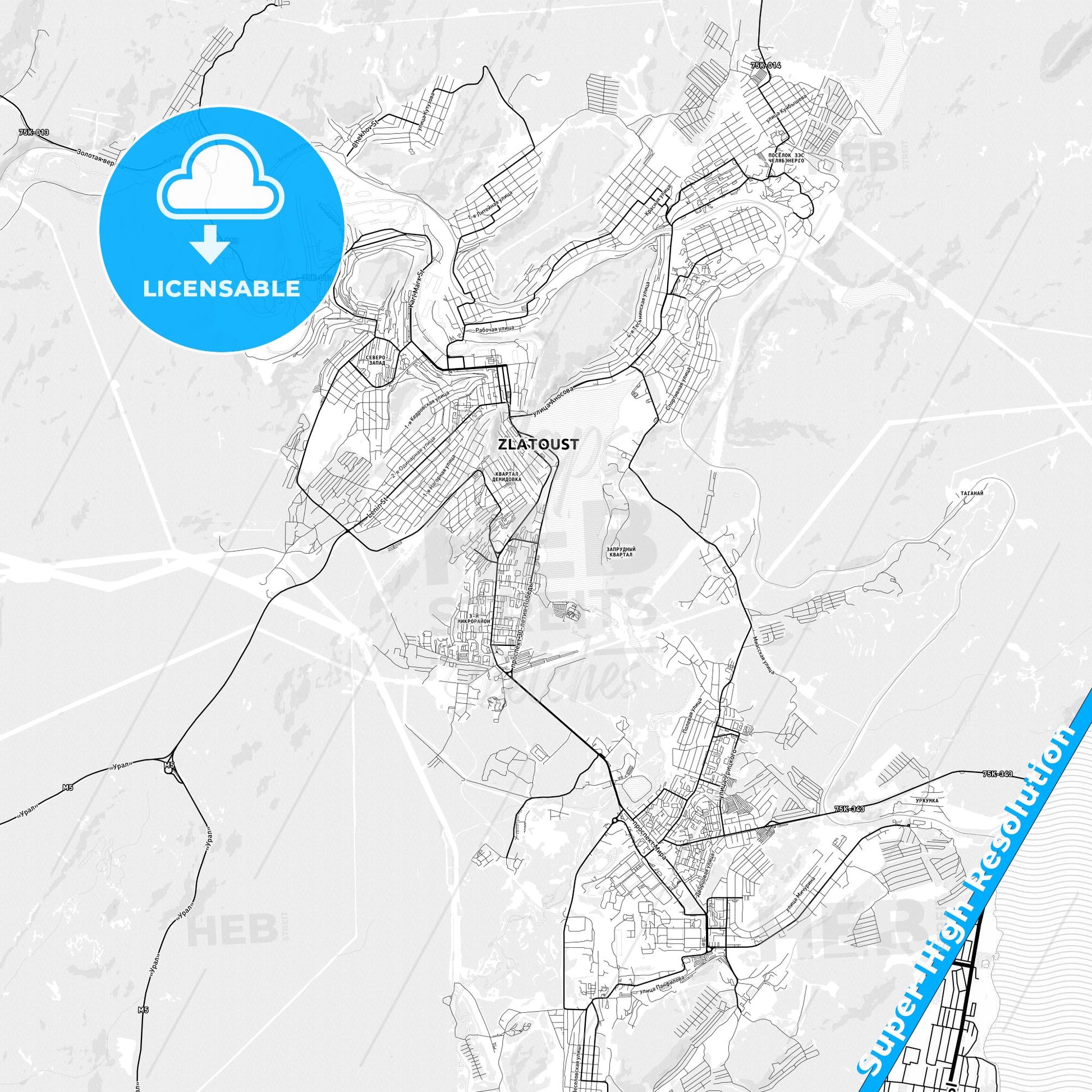 Zlatoust, Russia light map with streetnames, citynames and districts