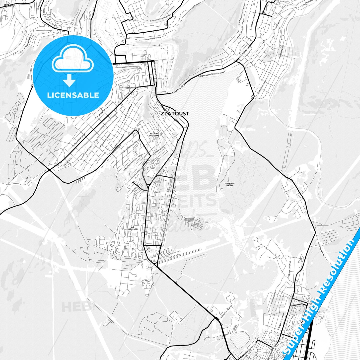 Zlatoust, Russia Light Map with Street Names, City Names, and Districts