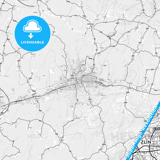 Zlín, Czechia light map with streetnames, citynames and districts