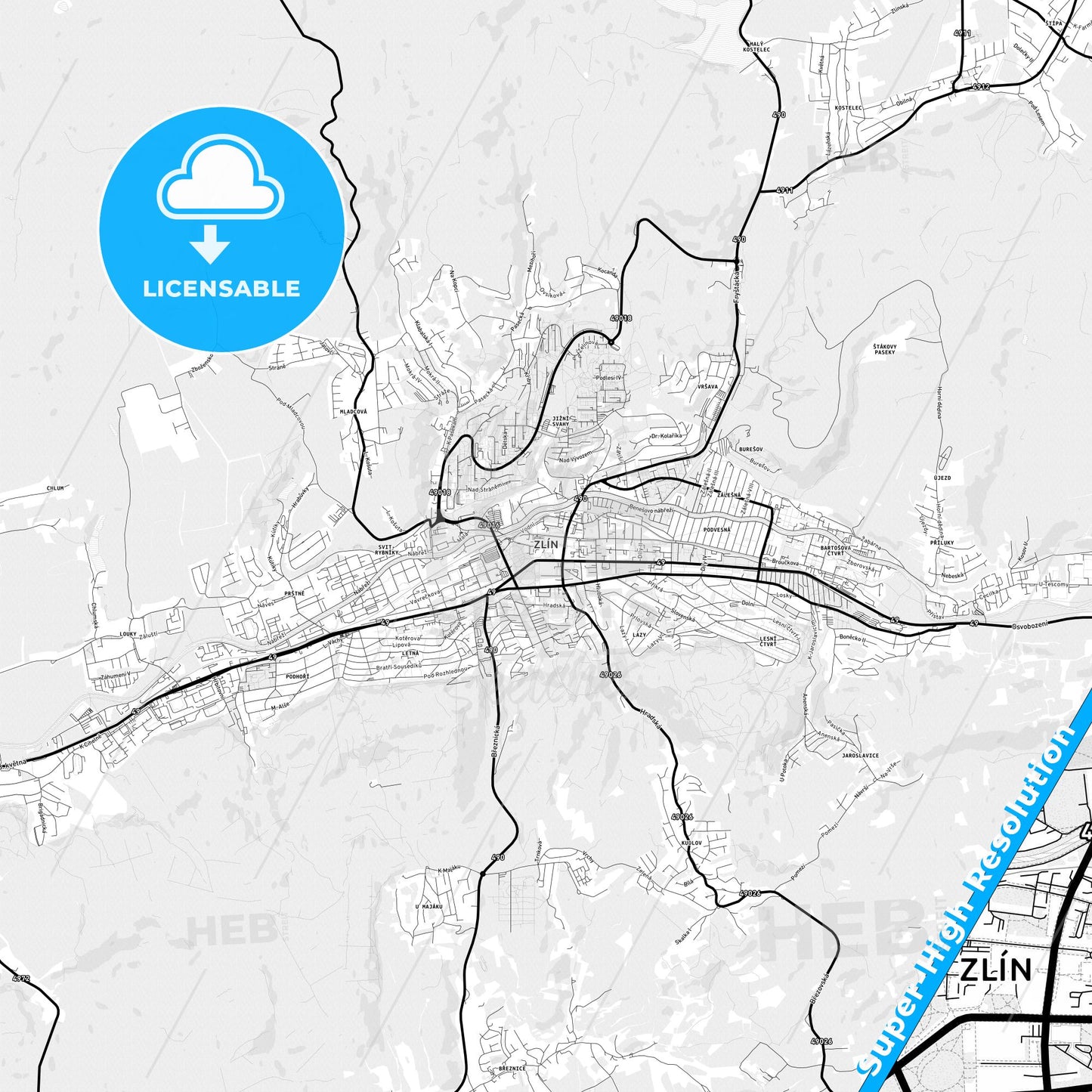 Zlín, Czechia Light Map with Street Names, City Names, and Districts