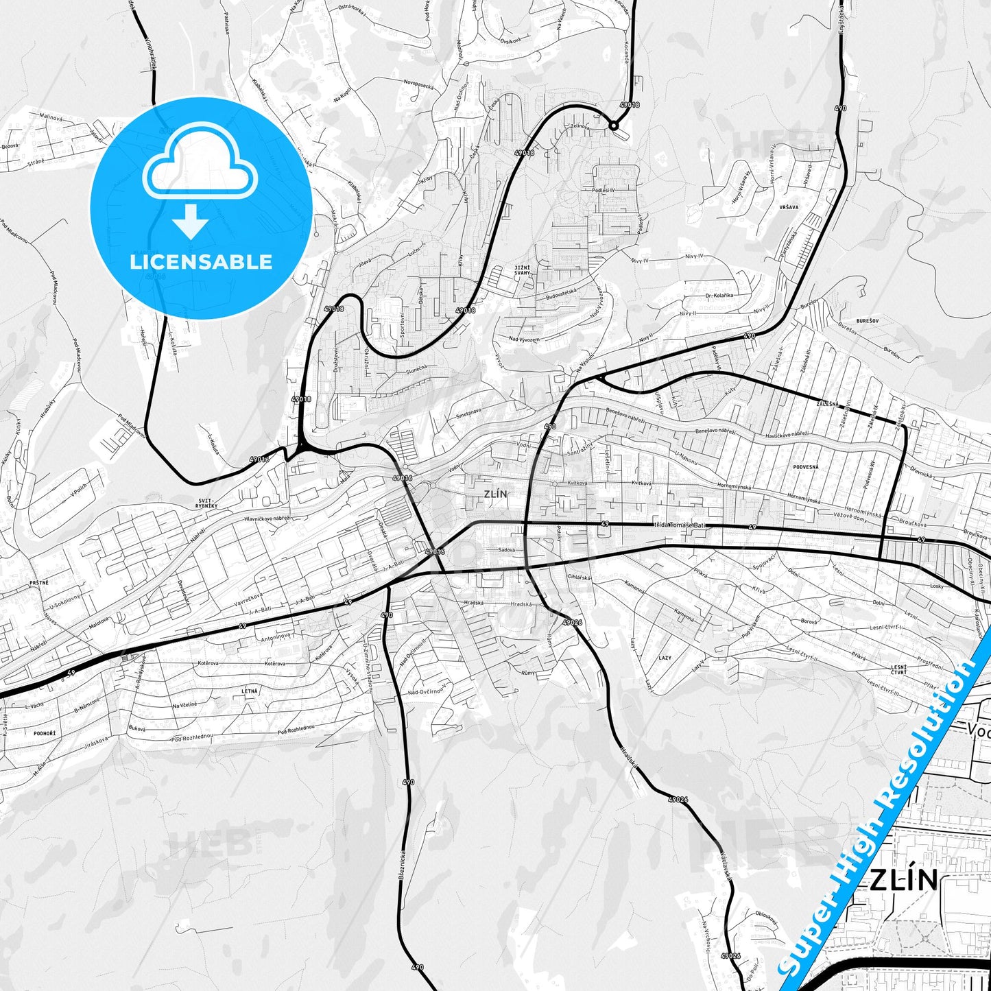 Zlín, Czechia Light Map with Street Names, City Names, and Districts