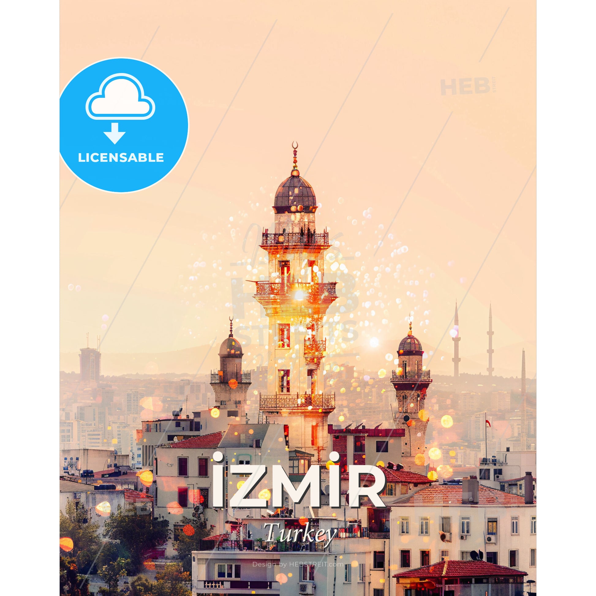 Izmir Skyline Double Exposure Art Print - A building with a tower and a city in the background - Square format print template