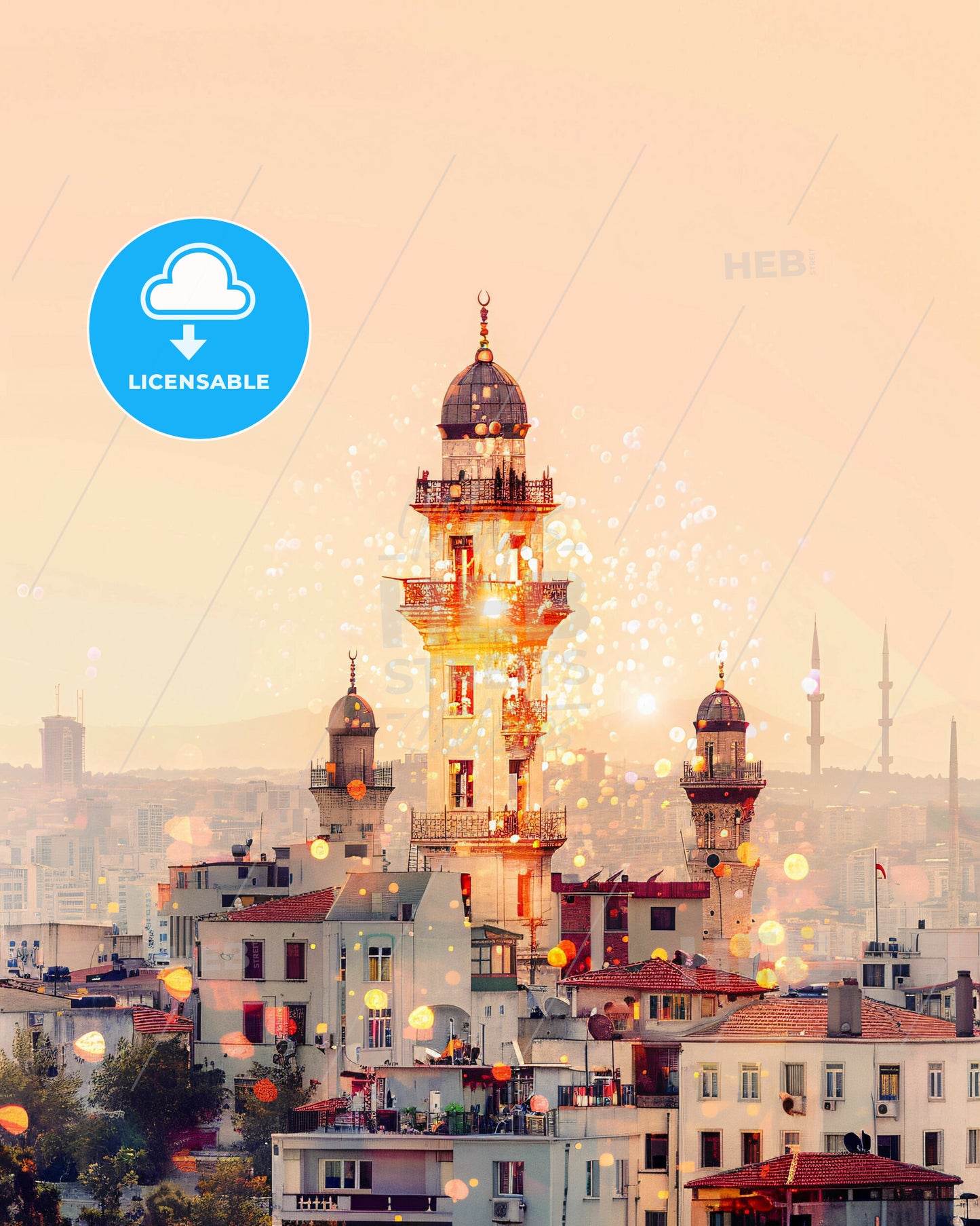 Izmir Skyline Double Exposure Art Print - A building with a tower and a city in the background