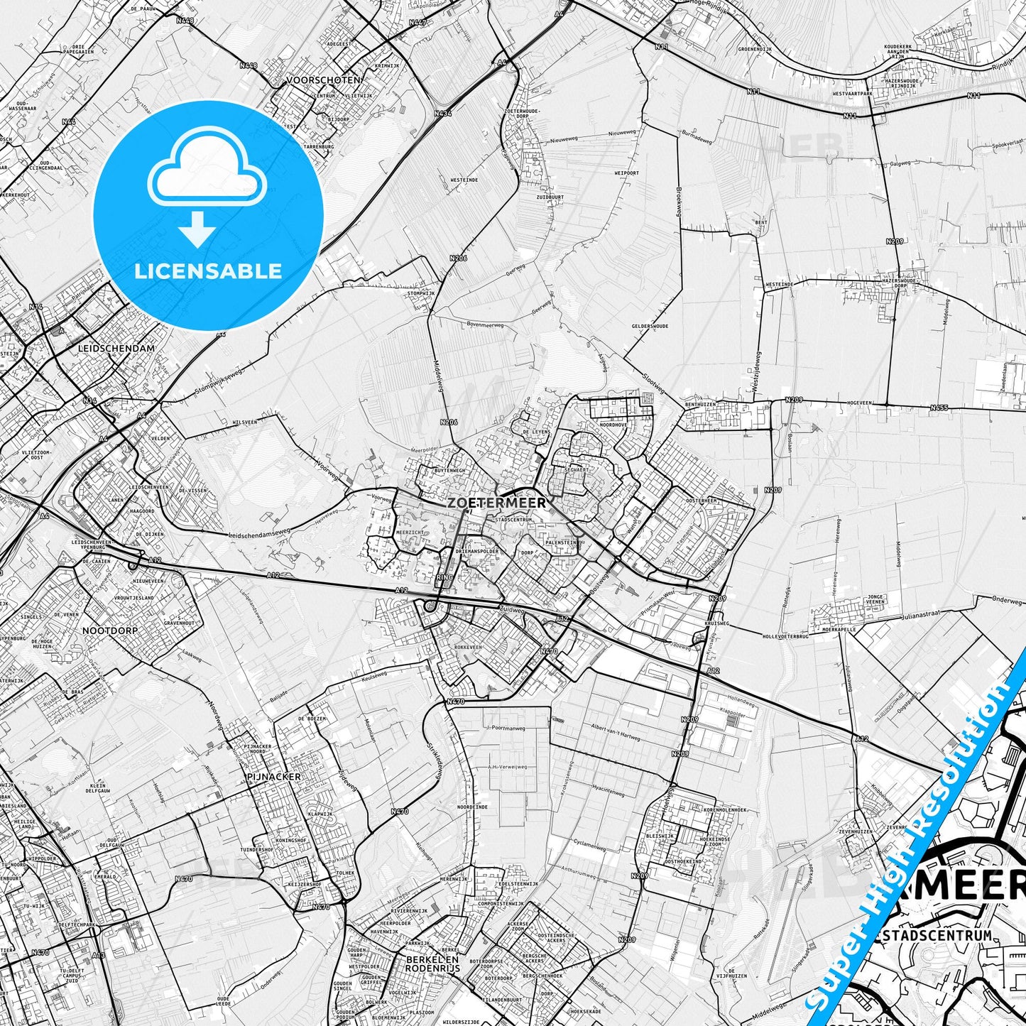 Zoetermeer, Netherlands light map with streetnames, citynames and districts