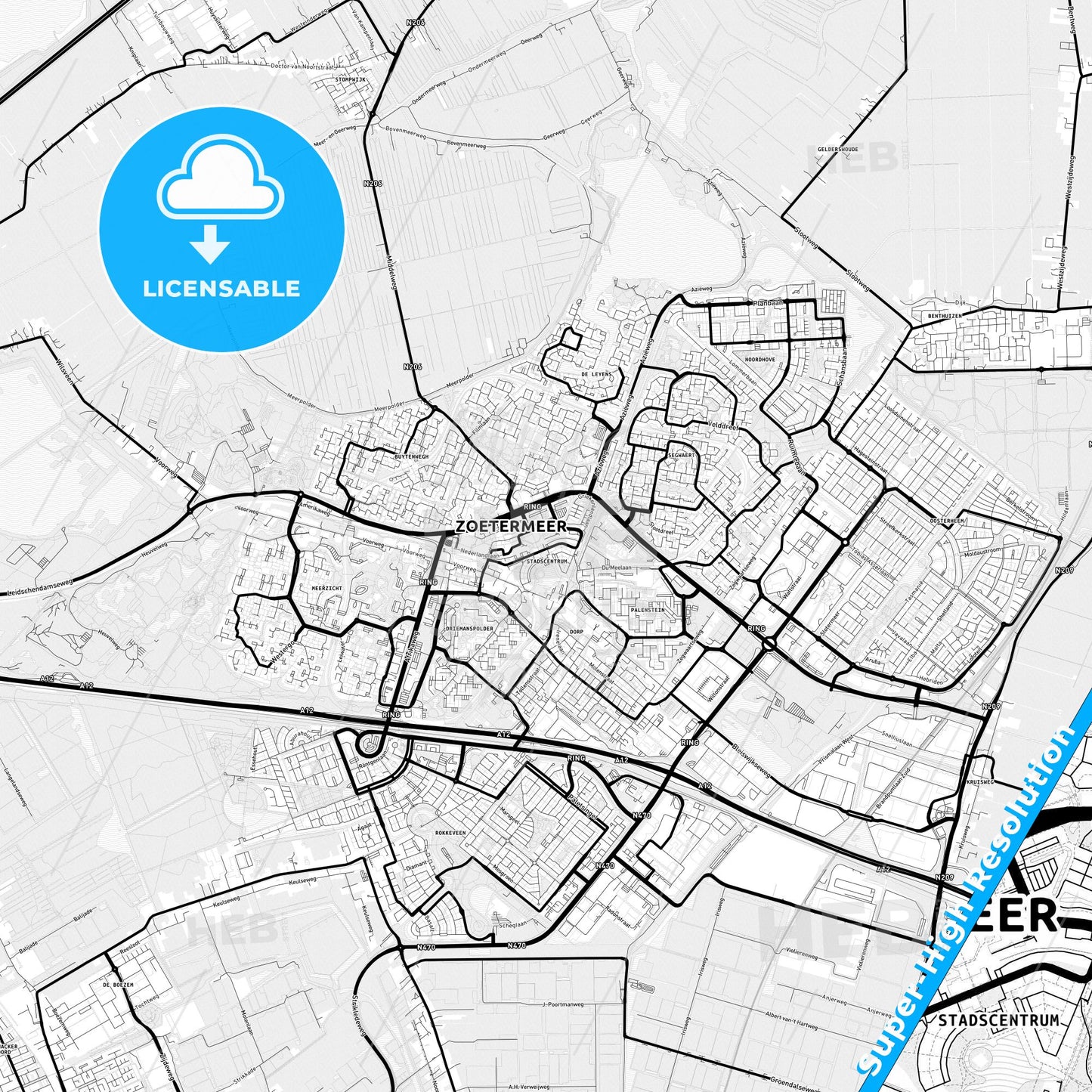 Zoetermeer, Netherlands Light Map with Street Names, City Names, and Districts