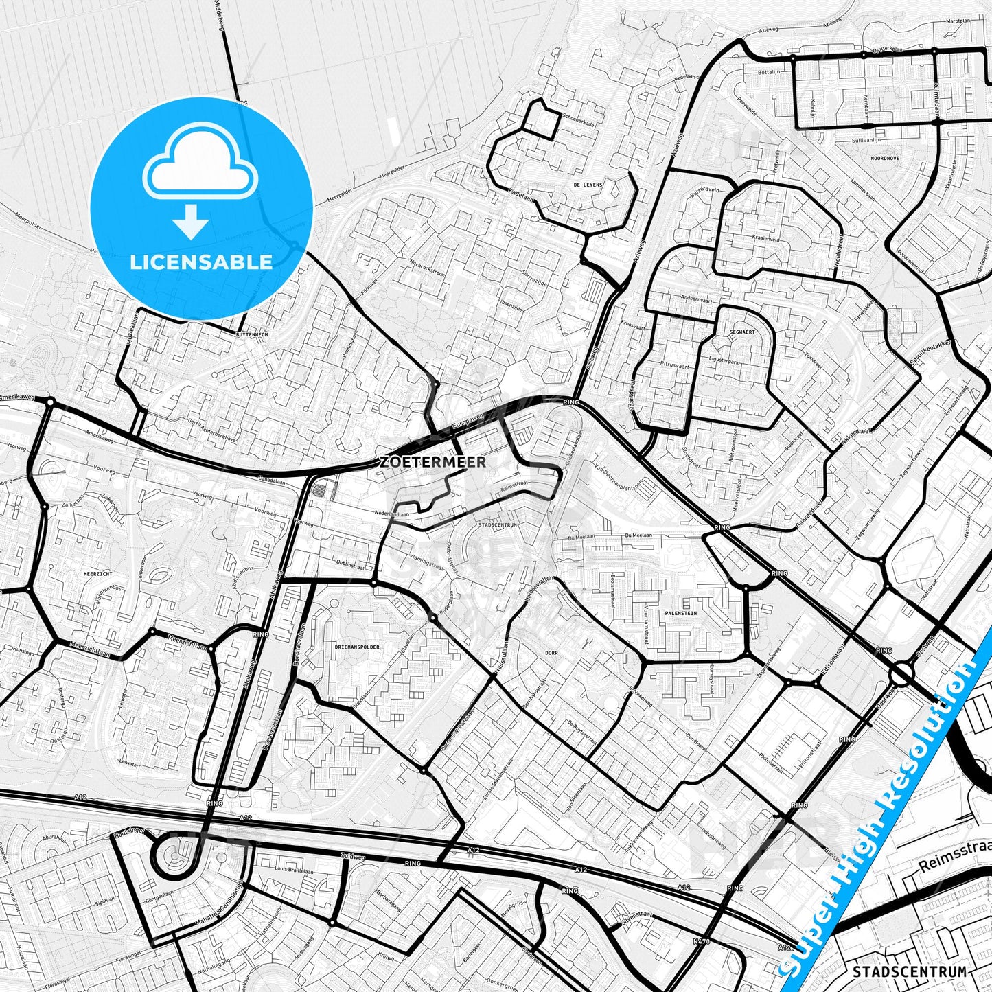 Zoetermeer, Netherlands Light Map with Street Names, City Names, and Districts