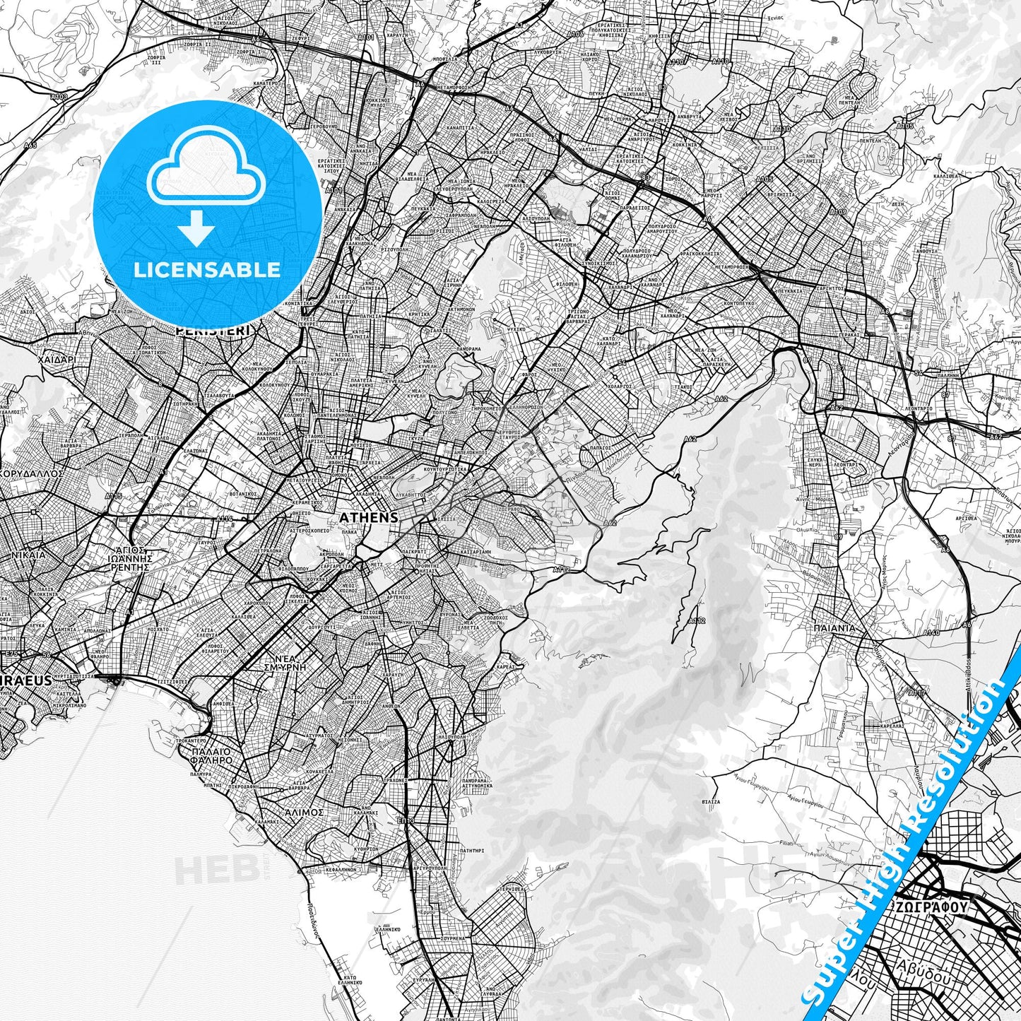 Zografou, Greece light map with streetnames, citynames and districts
