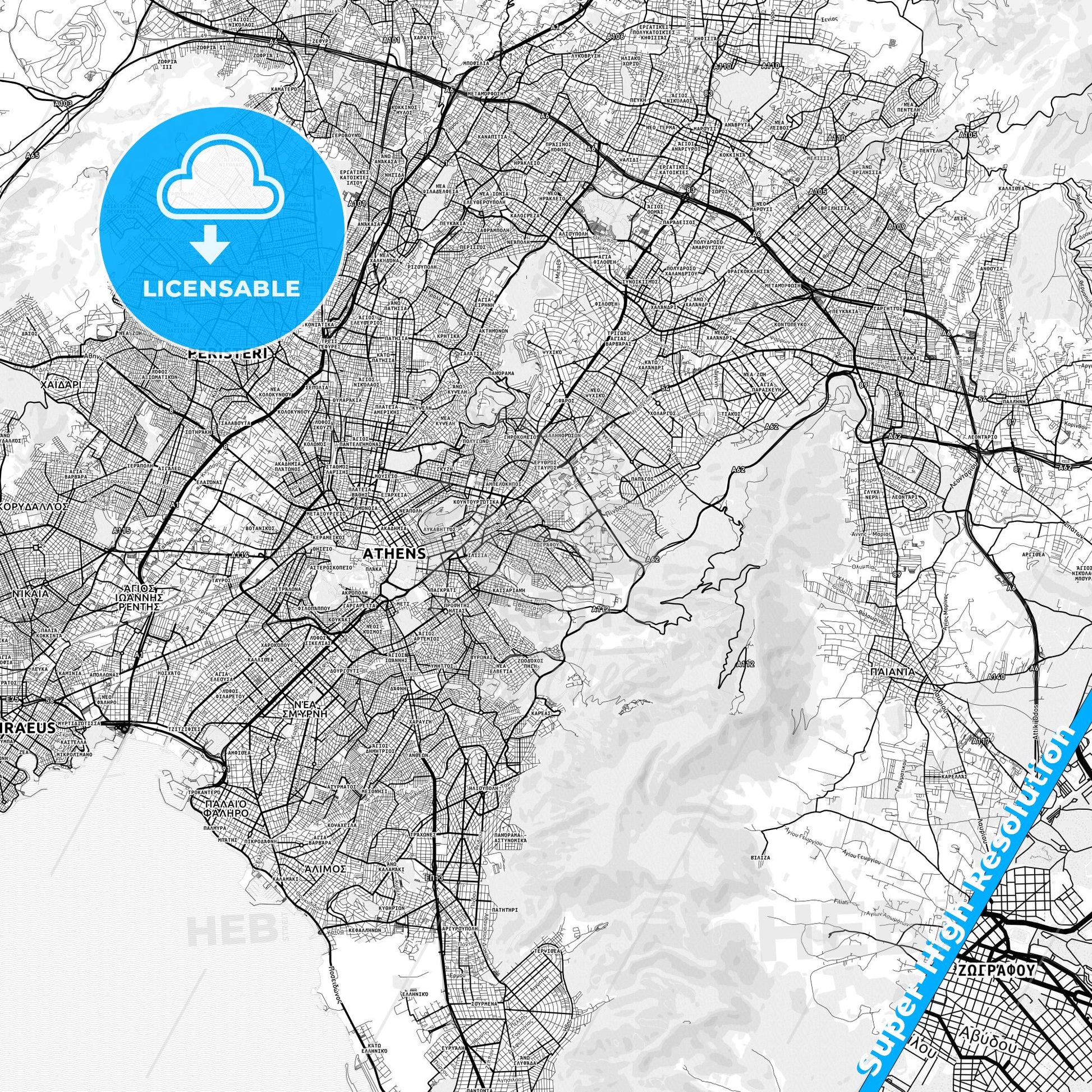 Zografou, Greece light map with streetnames, citynames and districts