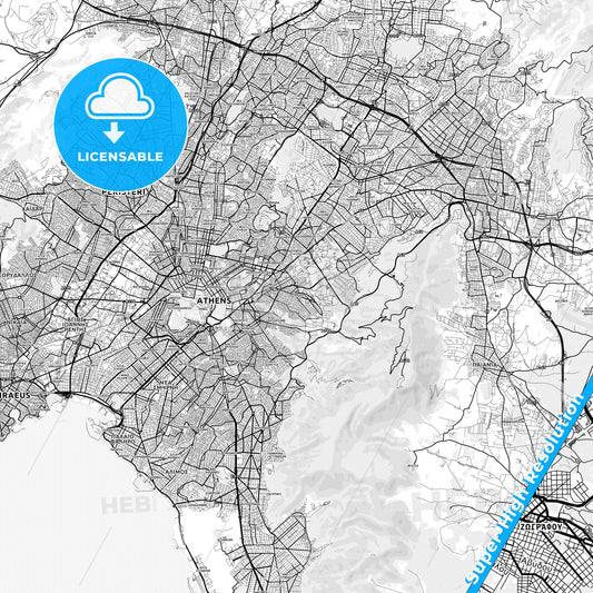 Zografou, Greece light map with streetnames, citynames and districts
