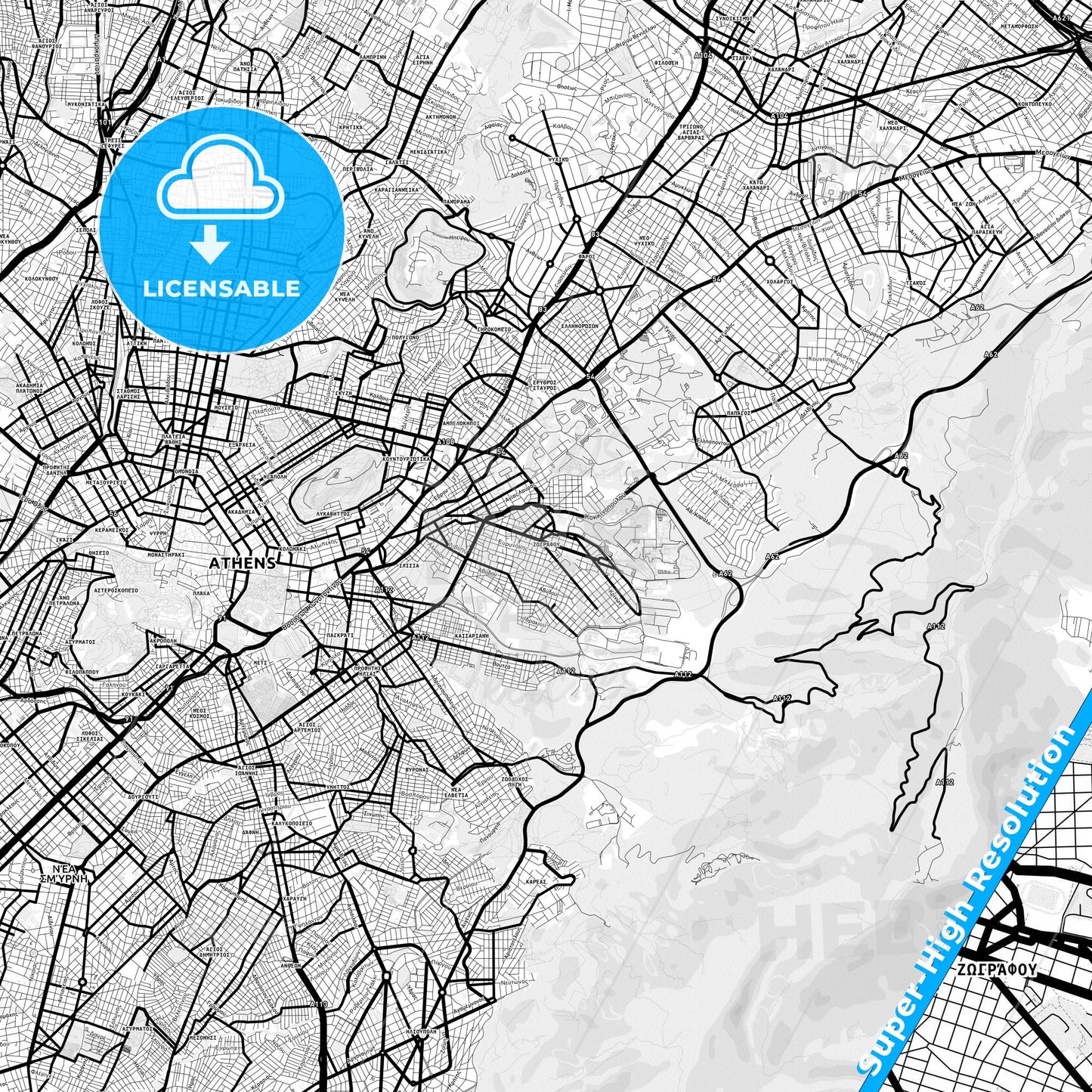 Zografou, Greece Light Map with Street Names, City Names, and Districts