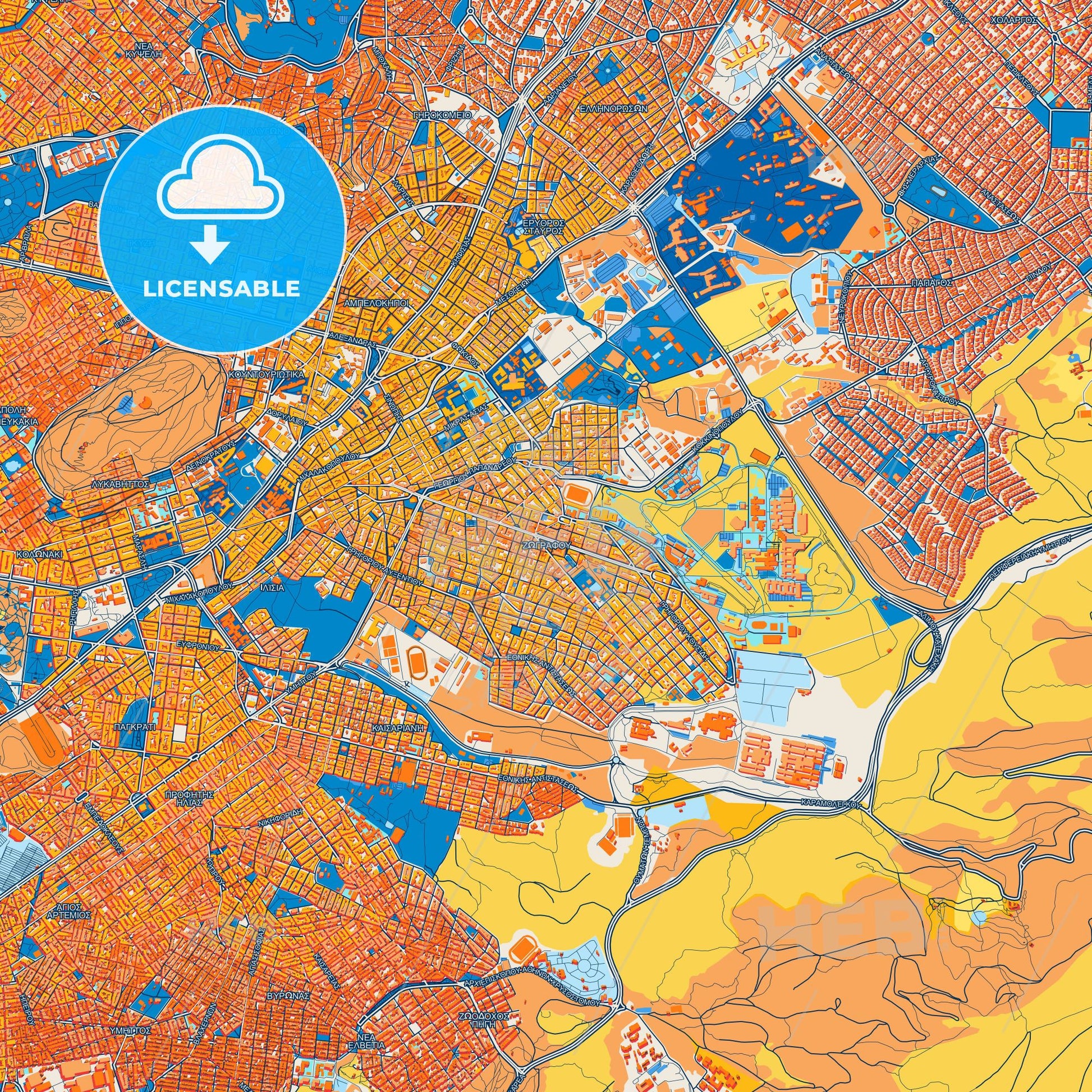 Colorful Zografou Street Map with Labels and Buildings