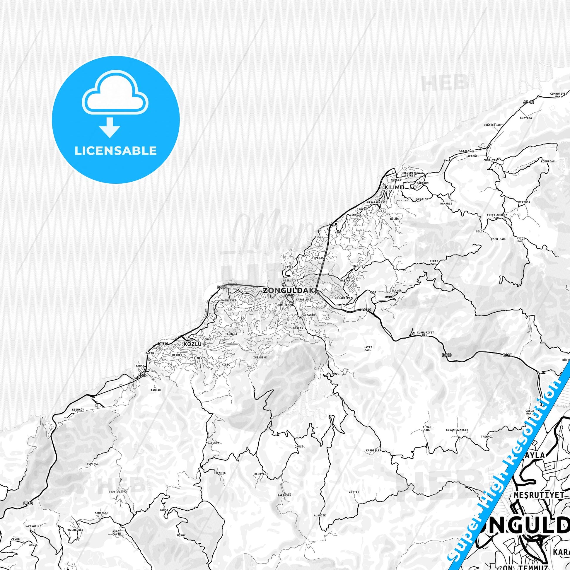 Zonguldak, Turkey light map with streetnames, citynames and districts