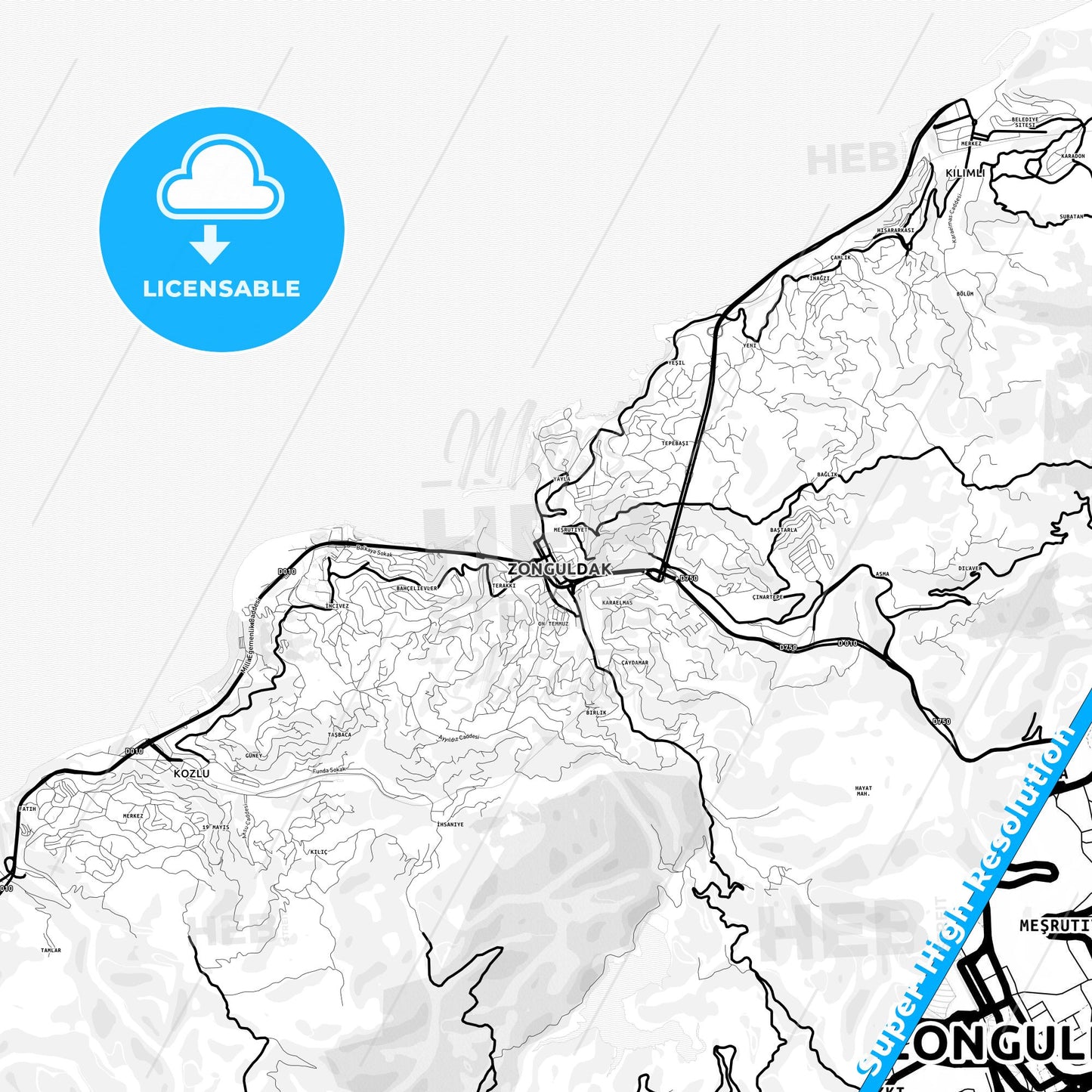 Zonguldak, Turkey Light Map with Street Names, City Names, and Districts
