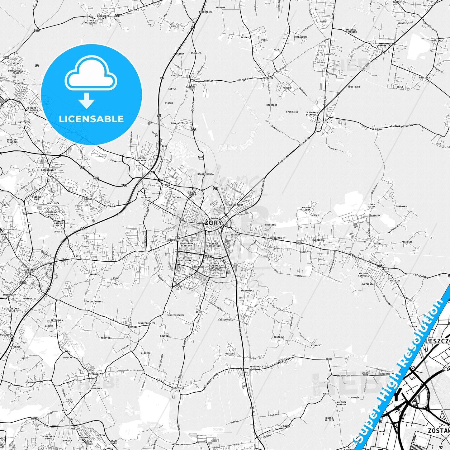 Żory, Poland light map with streetnames, citynames and districts
