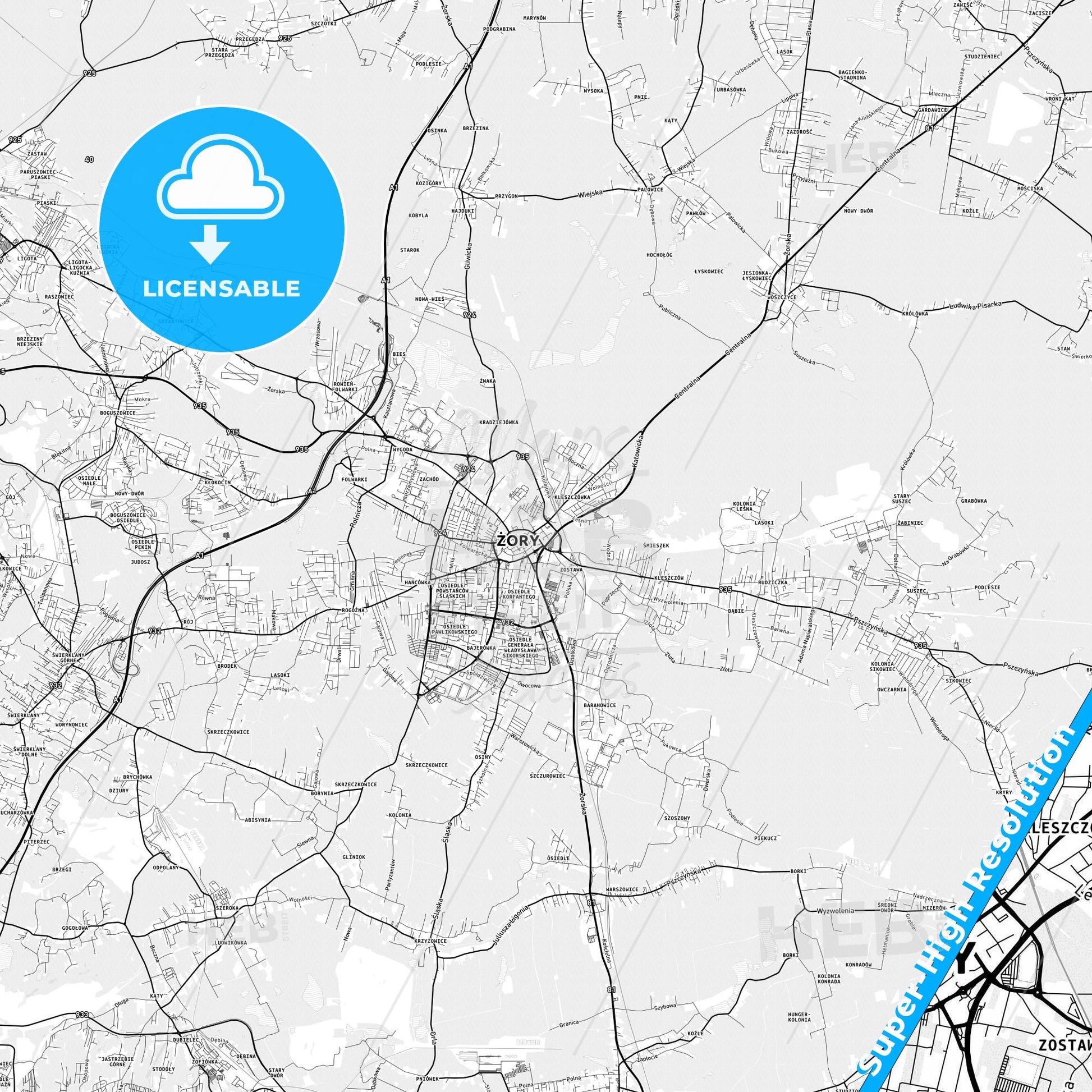 Żory, Poland light map with streetnames, citynames and districts