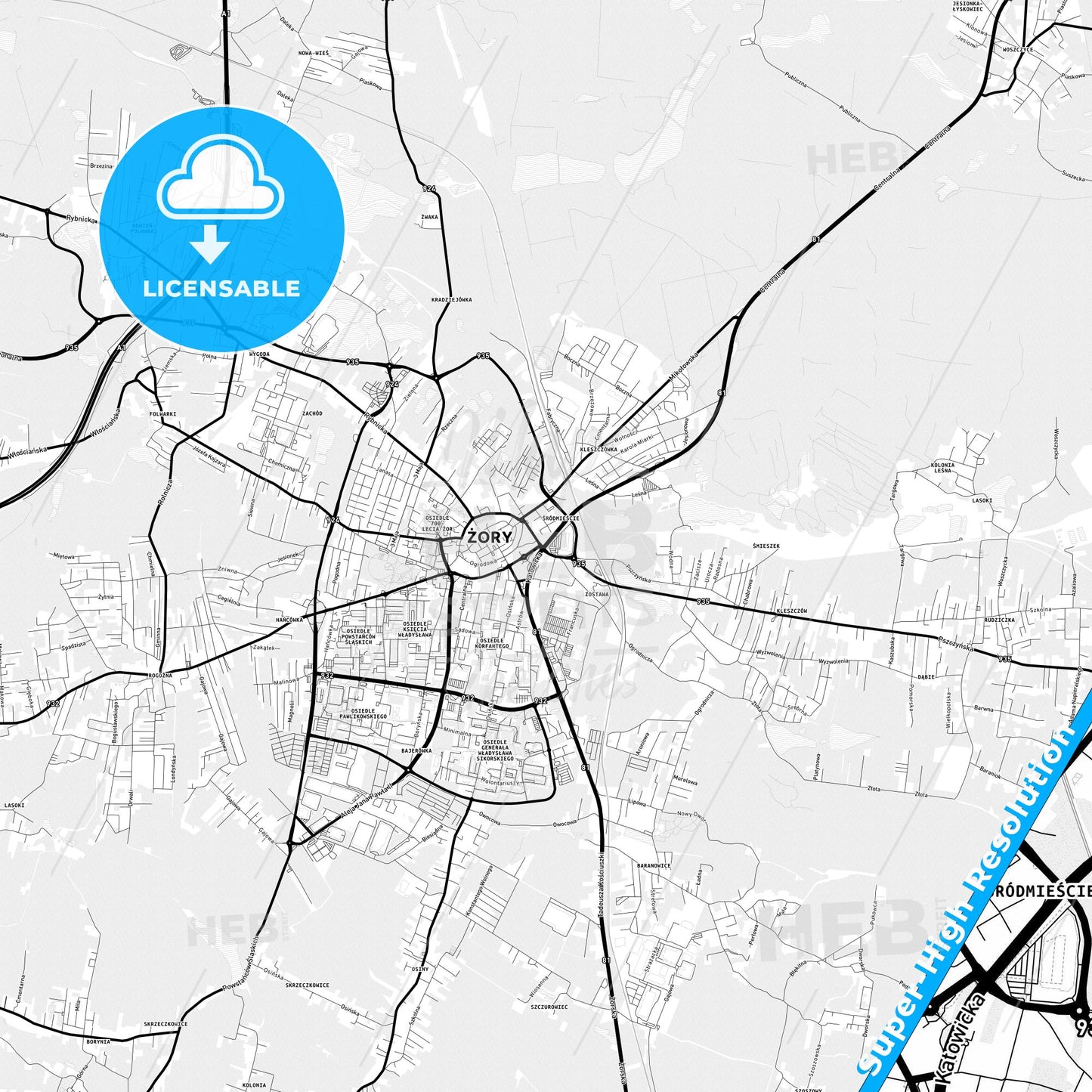 Żory, Poland Light Map with Street Names, City Names, and Districts