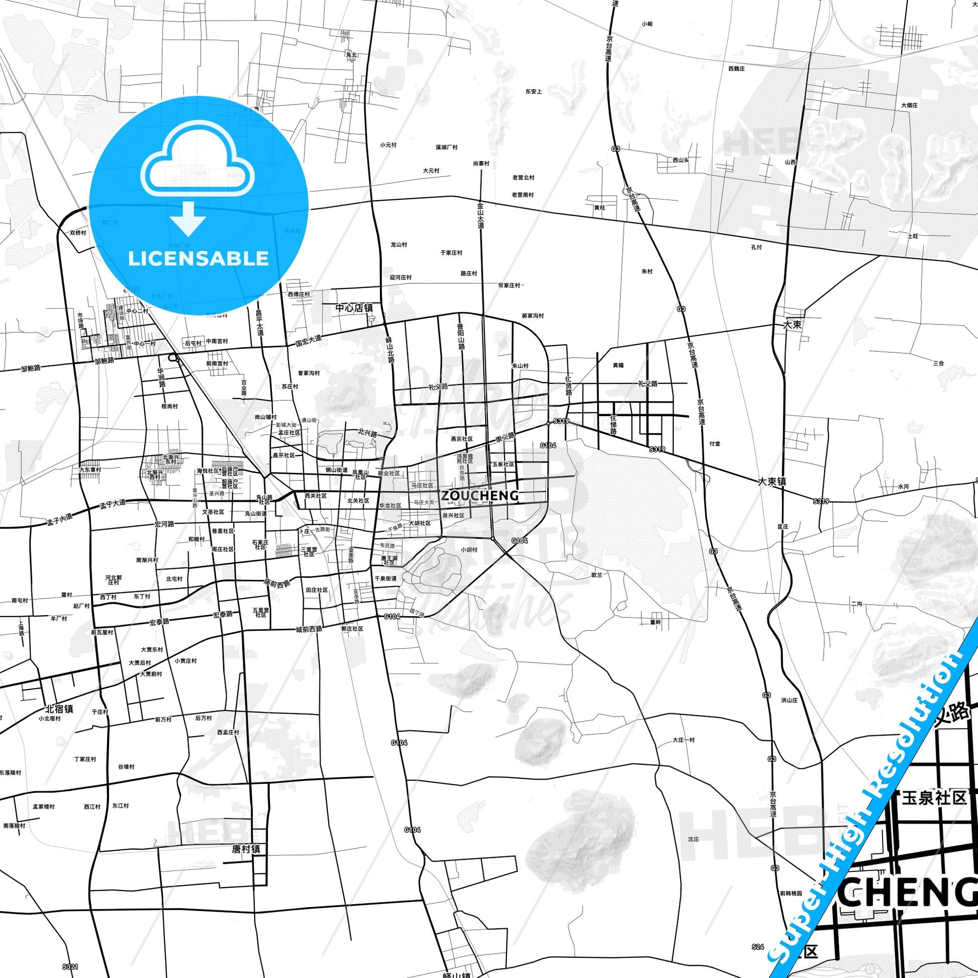 Zoucheng, China light map with streetnames, citynames and districts