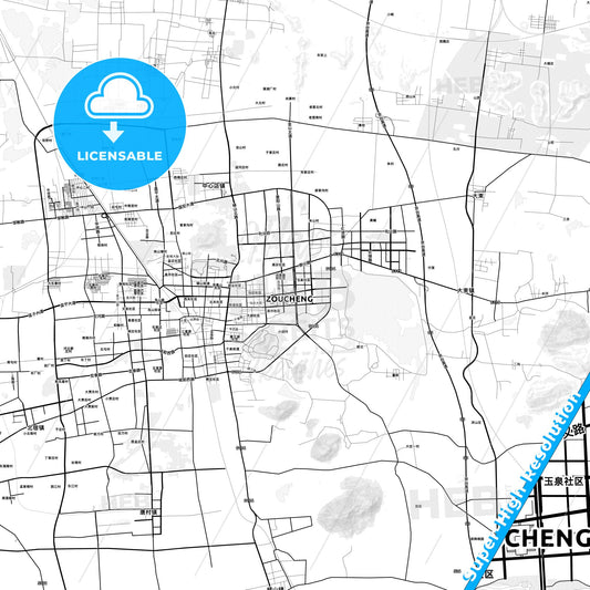Zoucheng, China light map with streetnames, citynames and districts