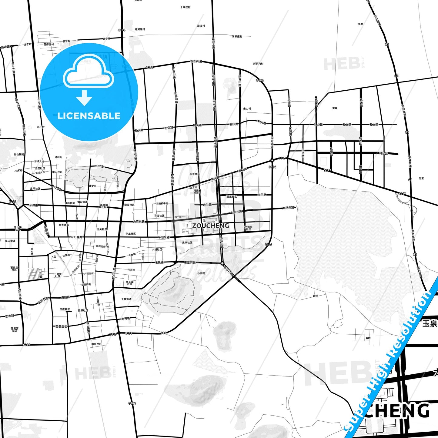 Zoucheng, China Light Map with Street Names, City Names, and Districts