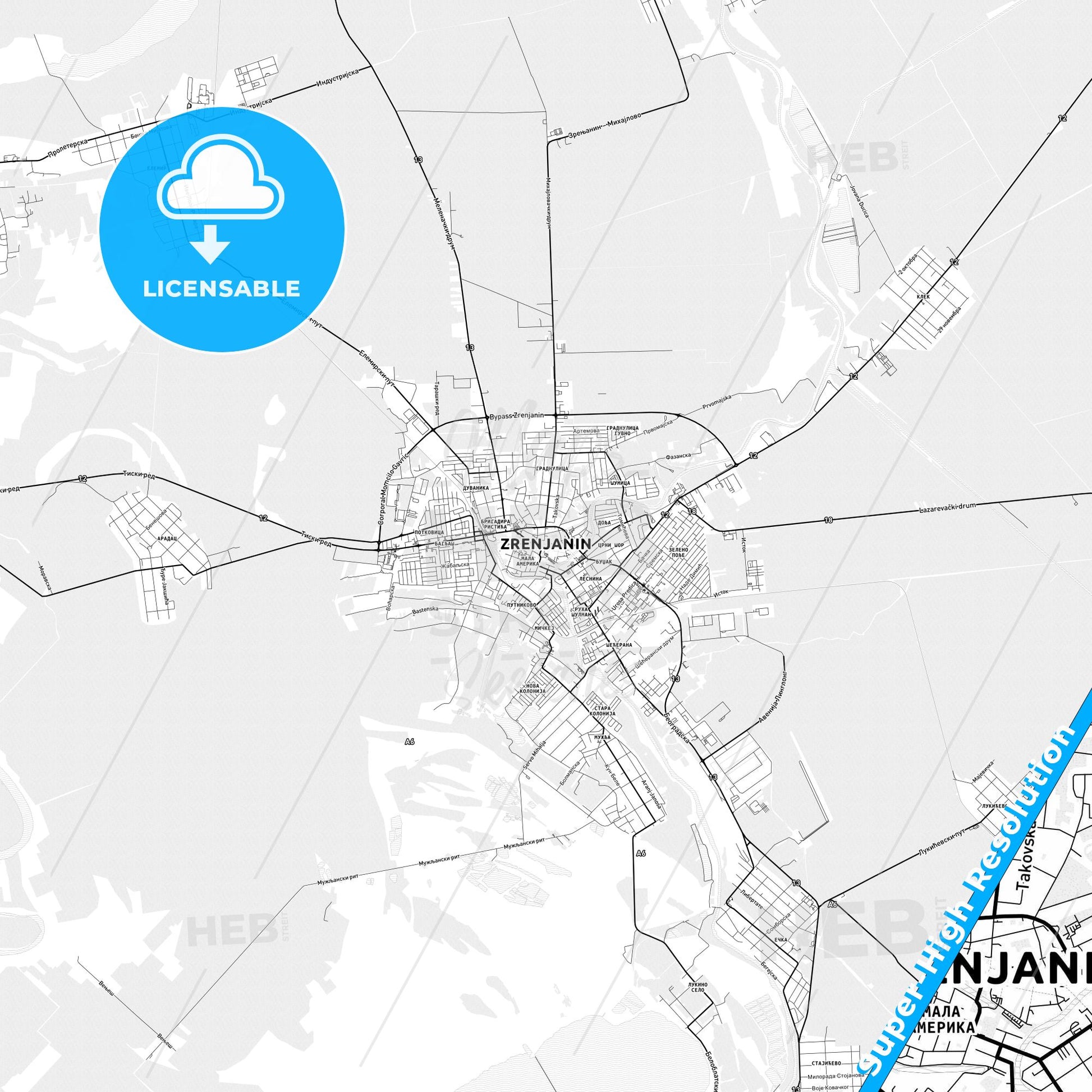 Zrenjanin, Serbia light map with streetnames, citynames and districts