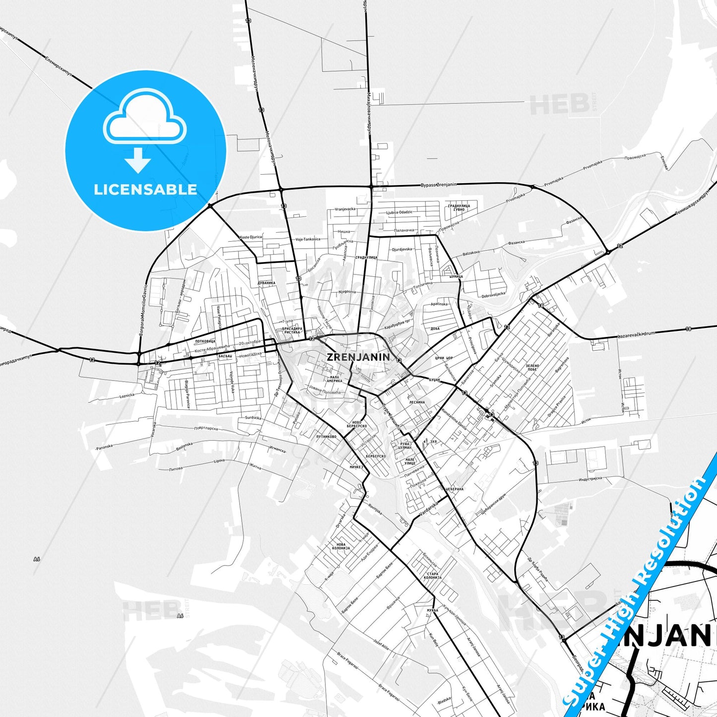 Zrenjanin, Serbia Light Map with Street Names, City Names, and Districts