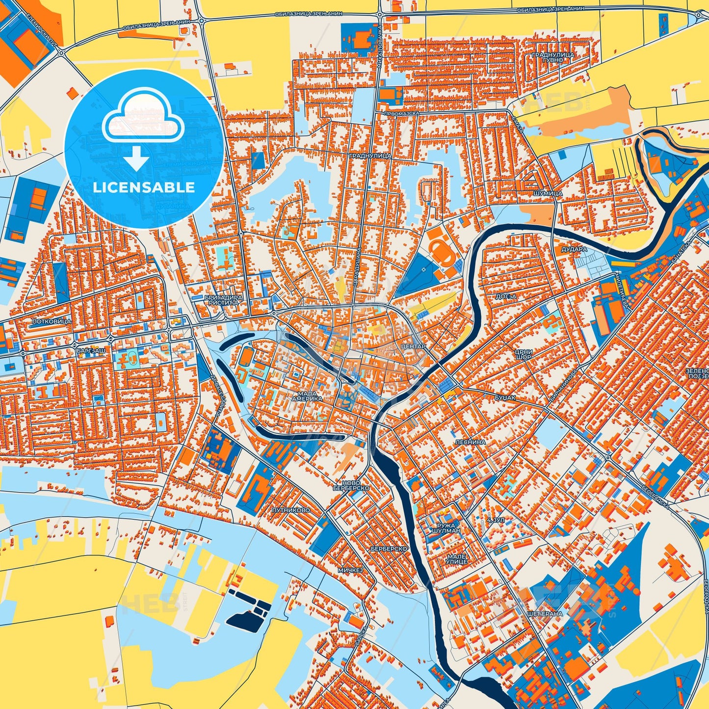 Colorful Zrenjanin Street Map with Labels and Buildings