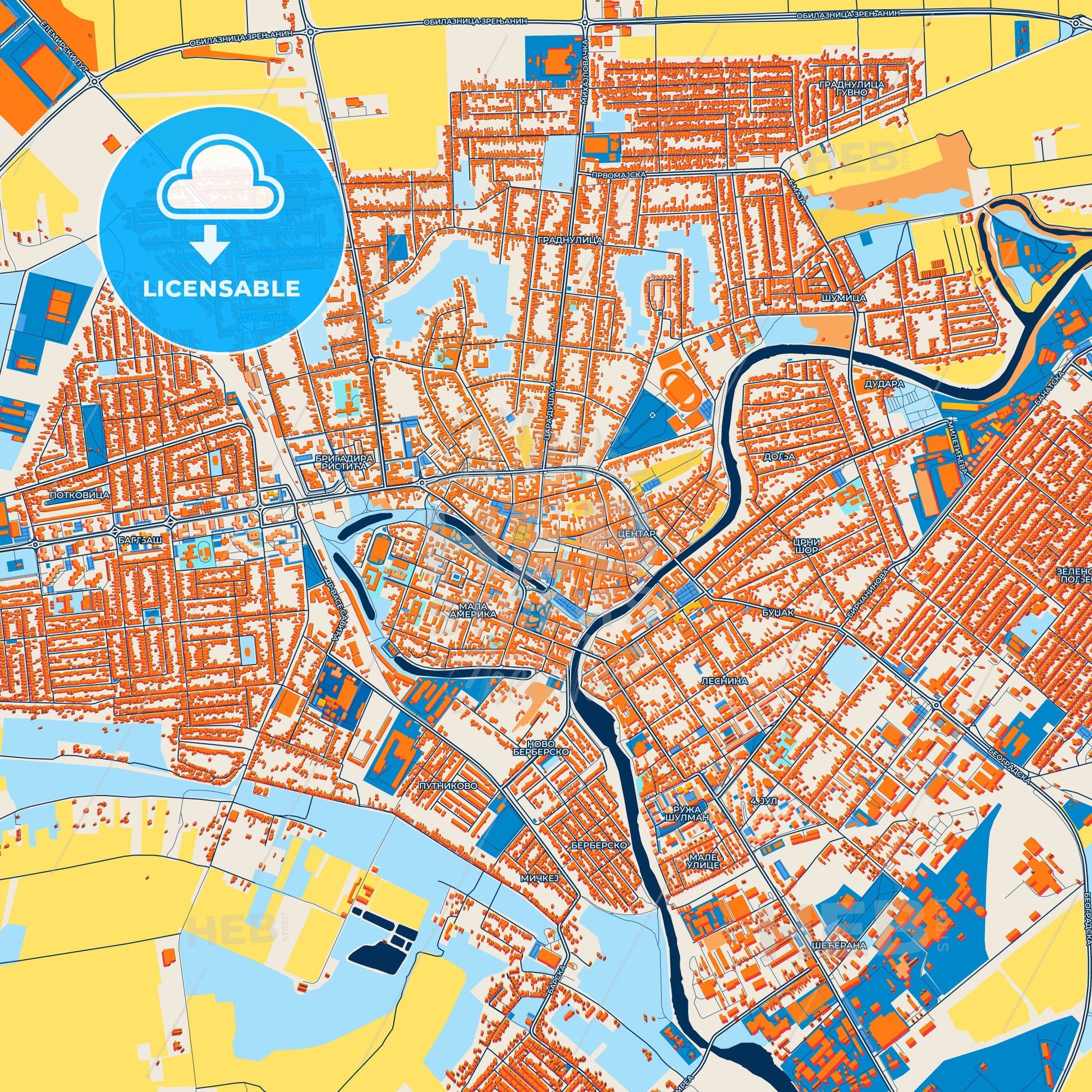 Colorful Zrenjanin Street Map with Labels and Buildings