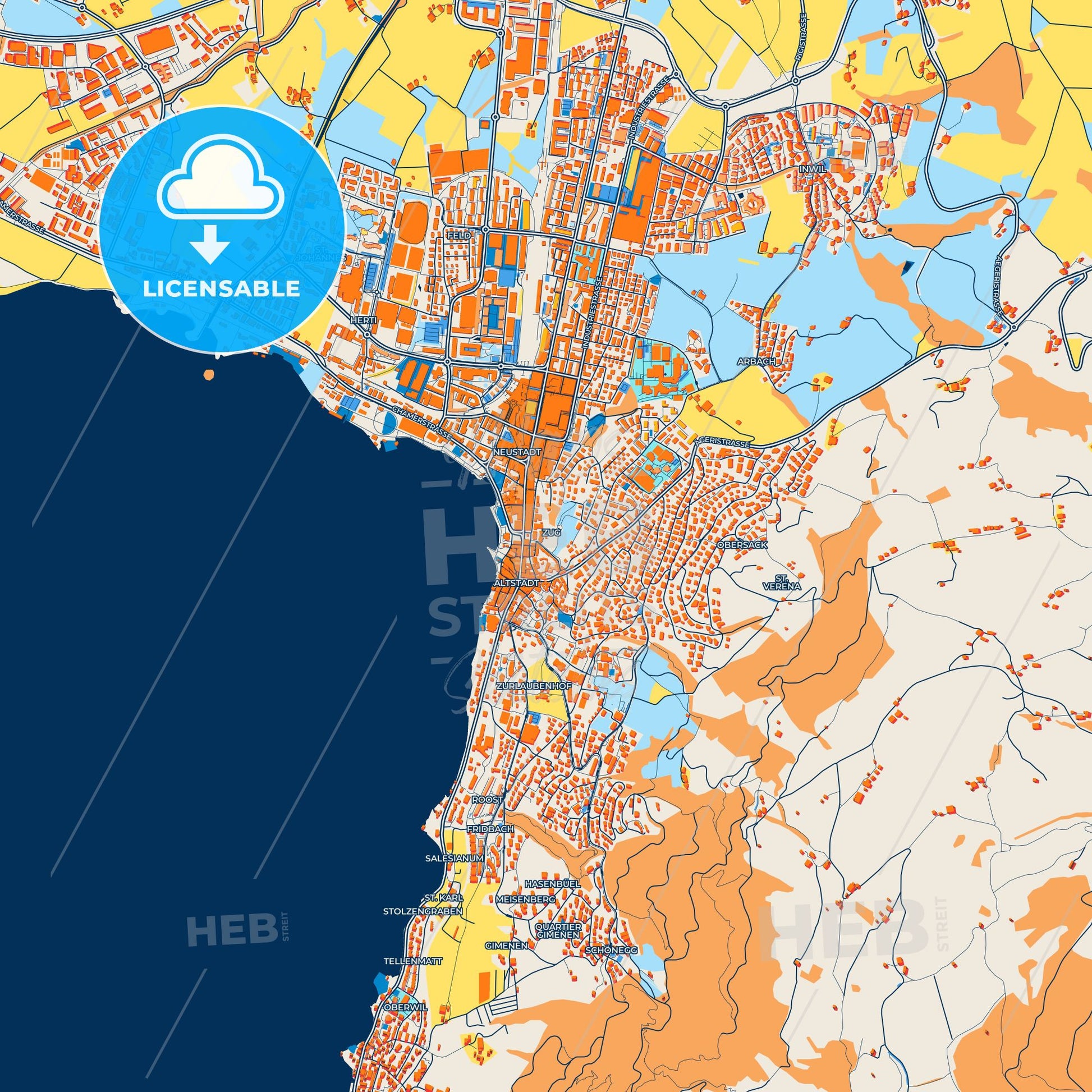 Colorful Zug Street Map with Labels and Buildings