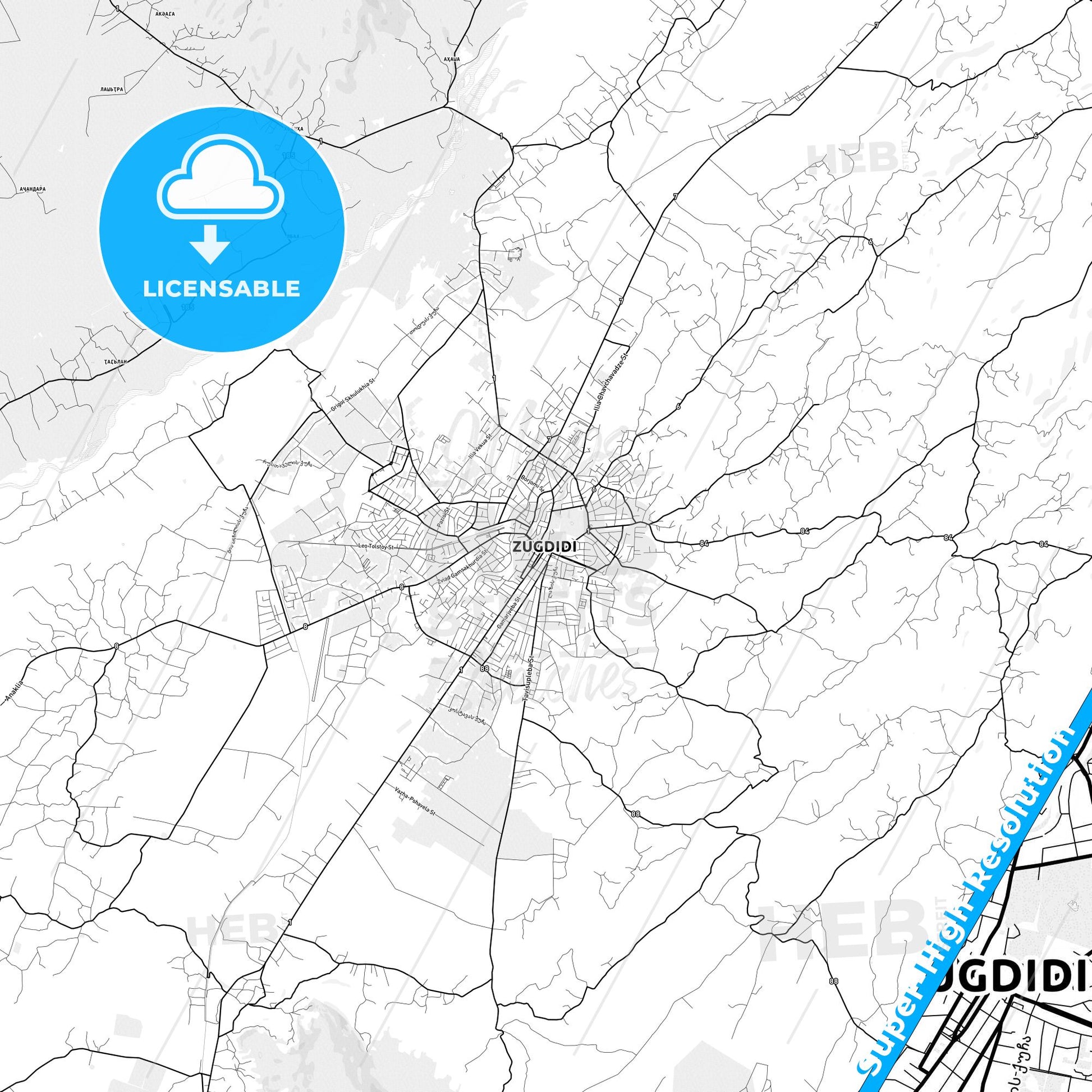 Zugdidi, Georgia light map with streetnames, citynames and districts