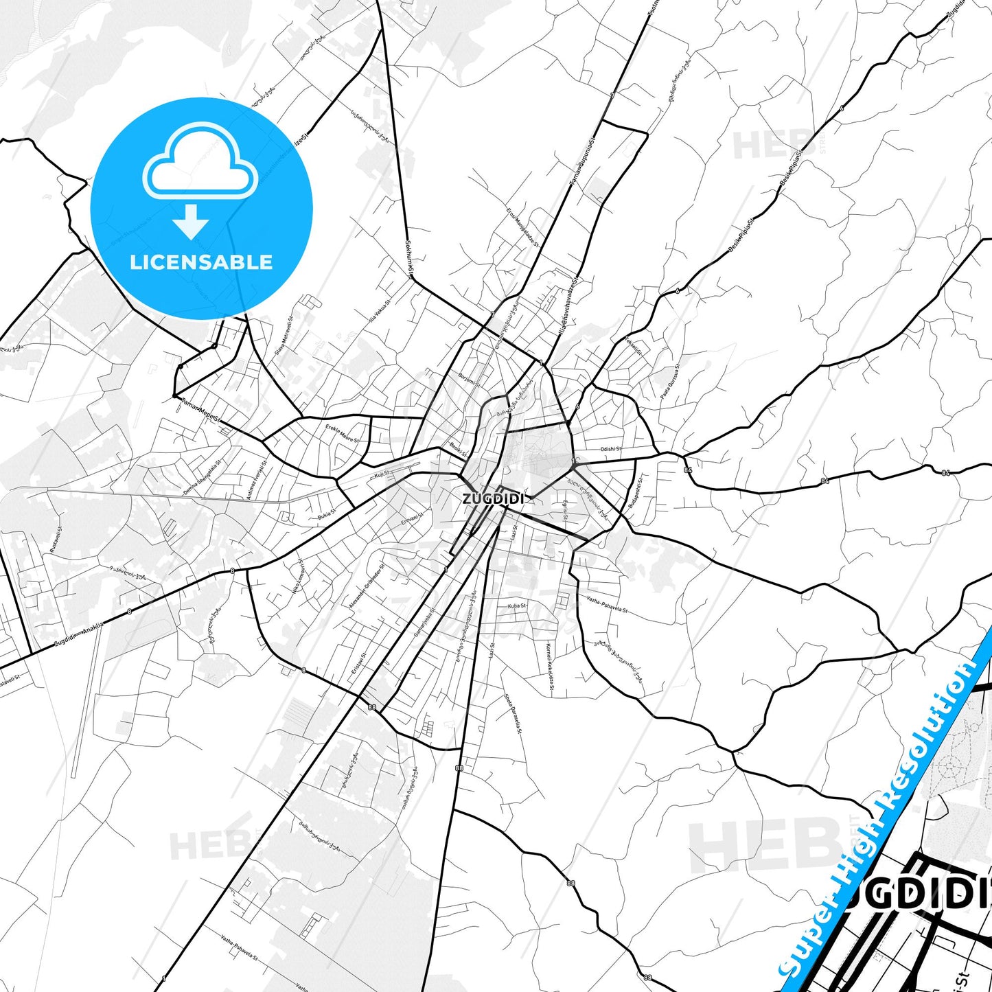 Zugdidi, Georgia Light Map with Street Names, City Names, and Districts