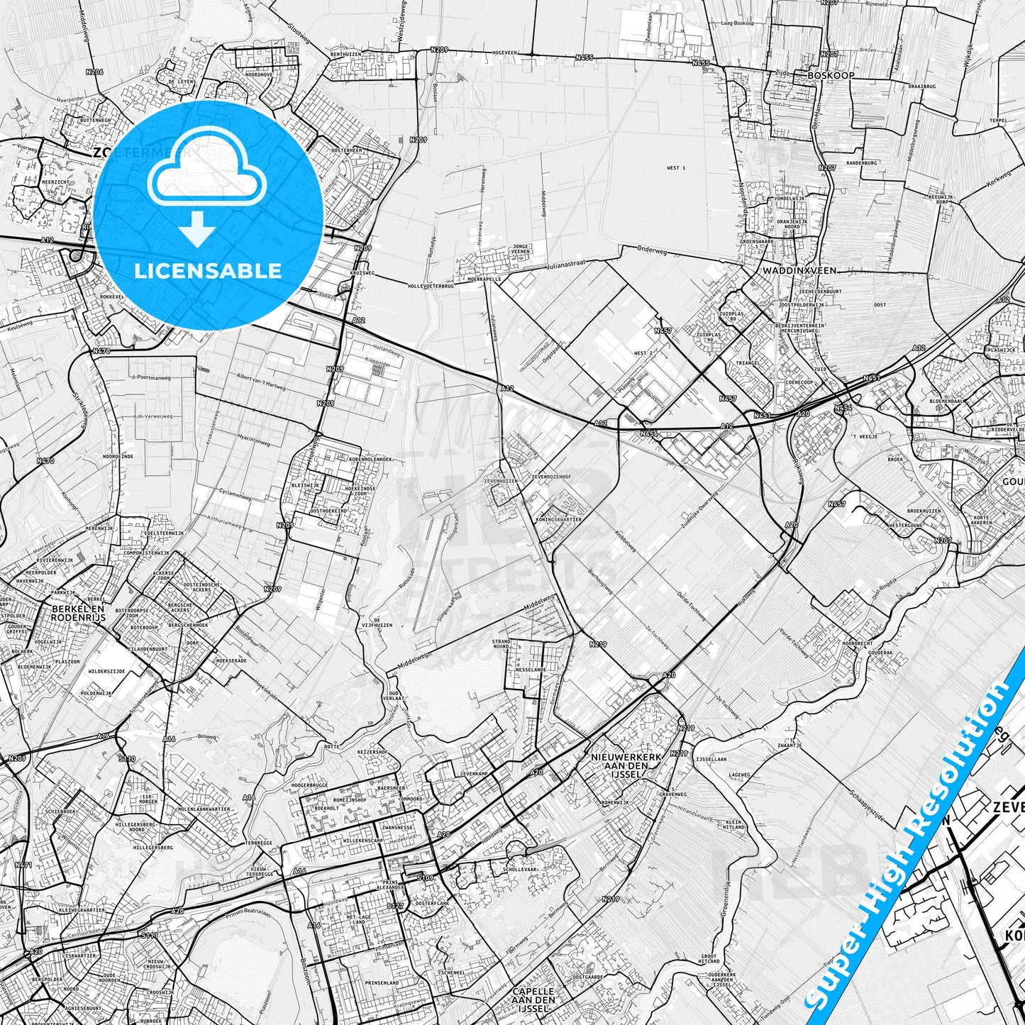 Zuidplas, Netherlands light map with streetnames, citynames and districts
