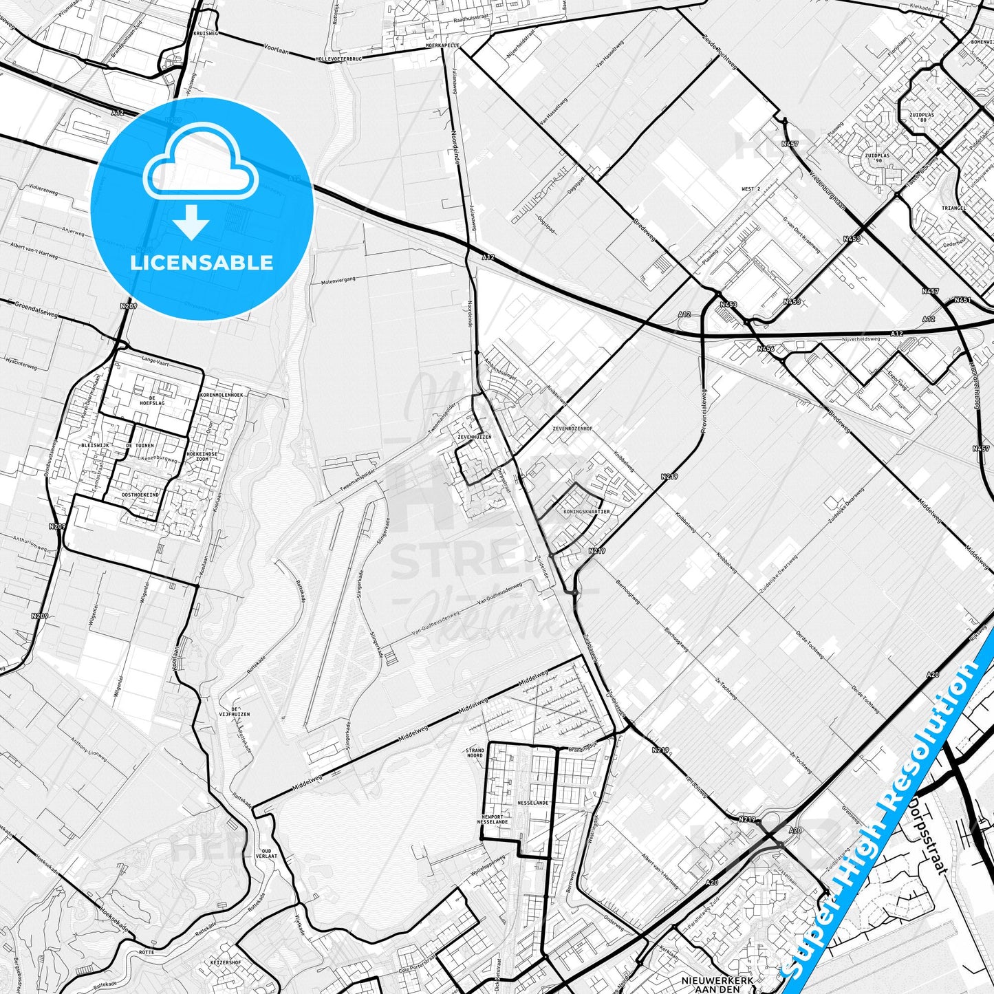 Zuidplas, Netherlands Light Map with Street Names, City Names, and Districts
