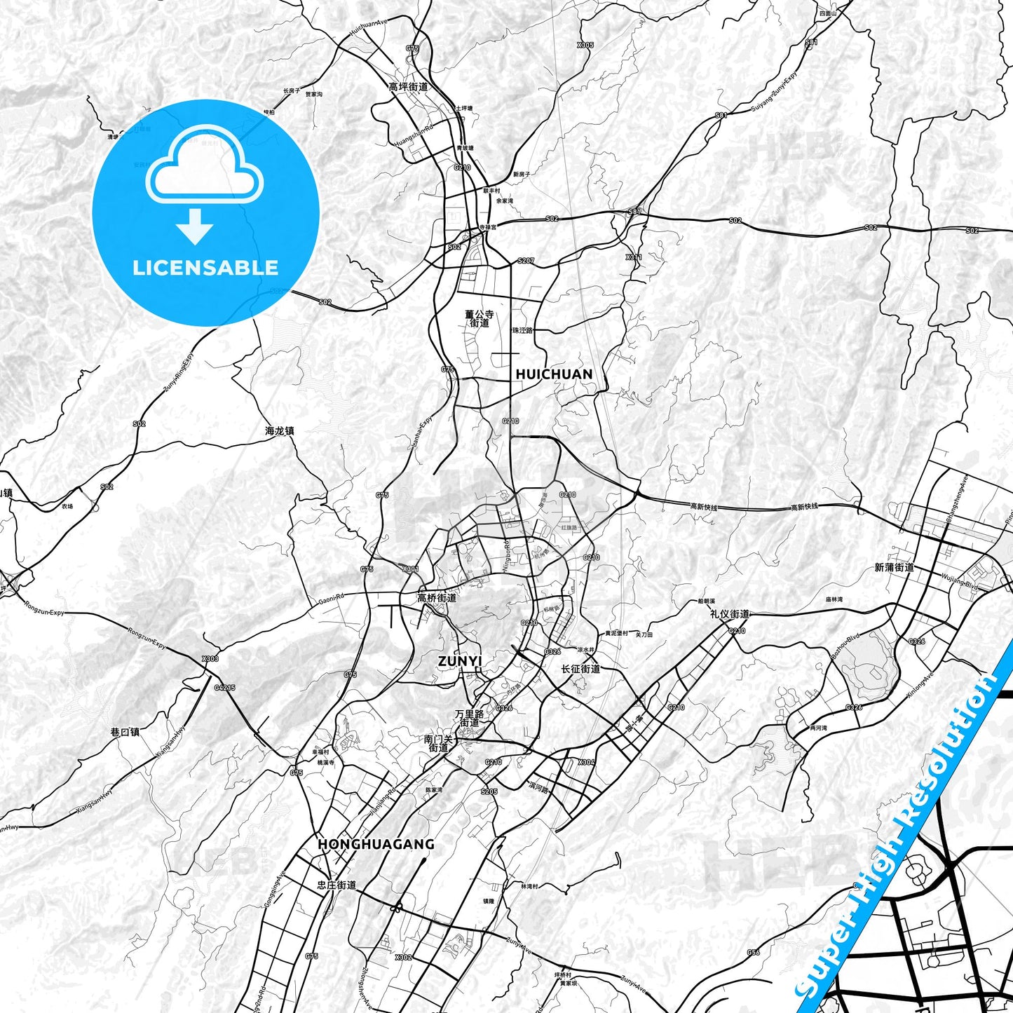 Zunyi, China light map with streetnames, citynames and districts