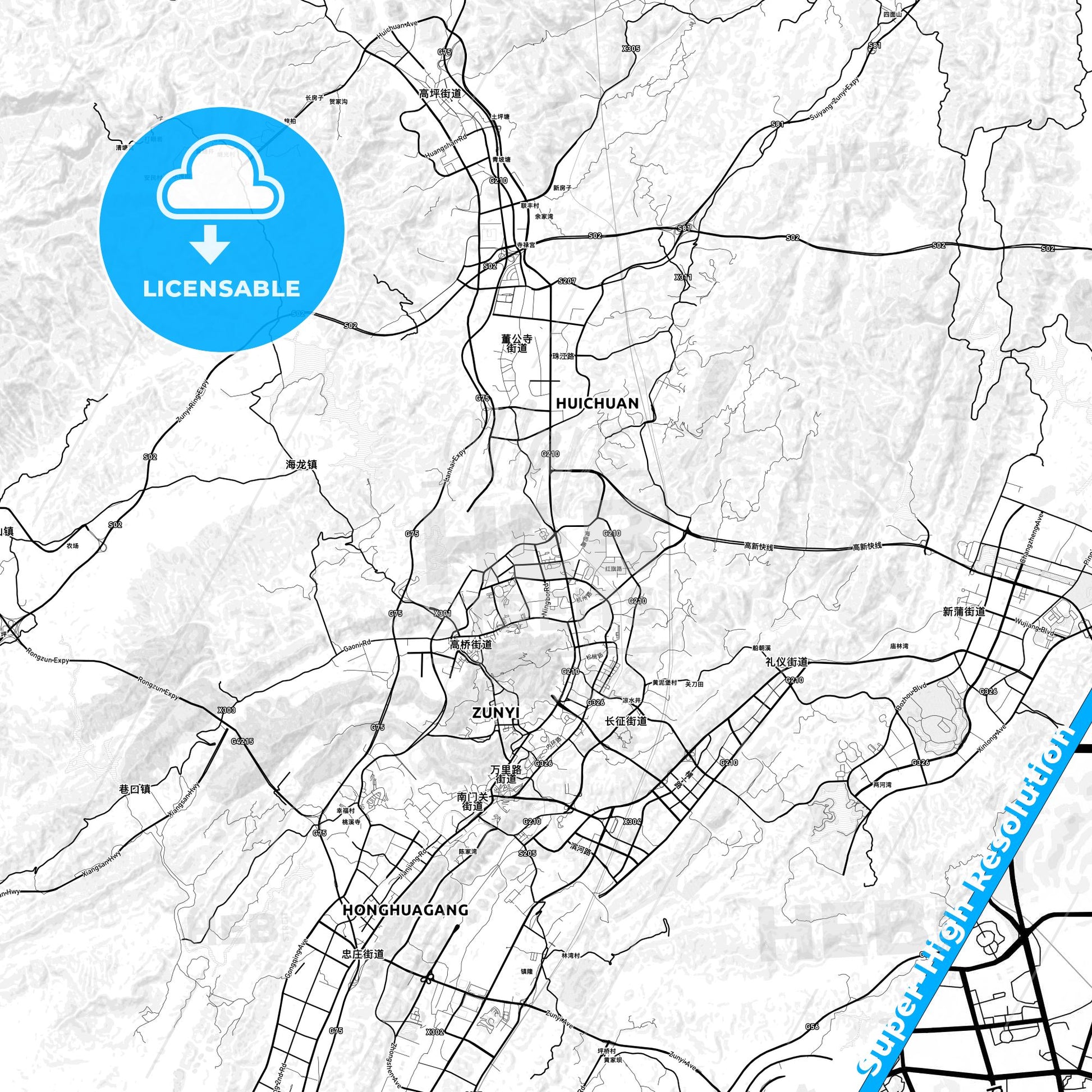 Zunyi, China light map with streetnames, citynames and districts