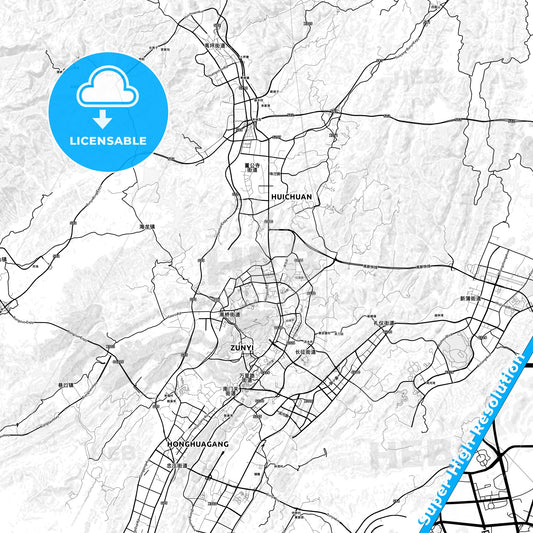 Zunyi, China light map with streetnames, citynames and districts