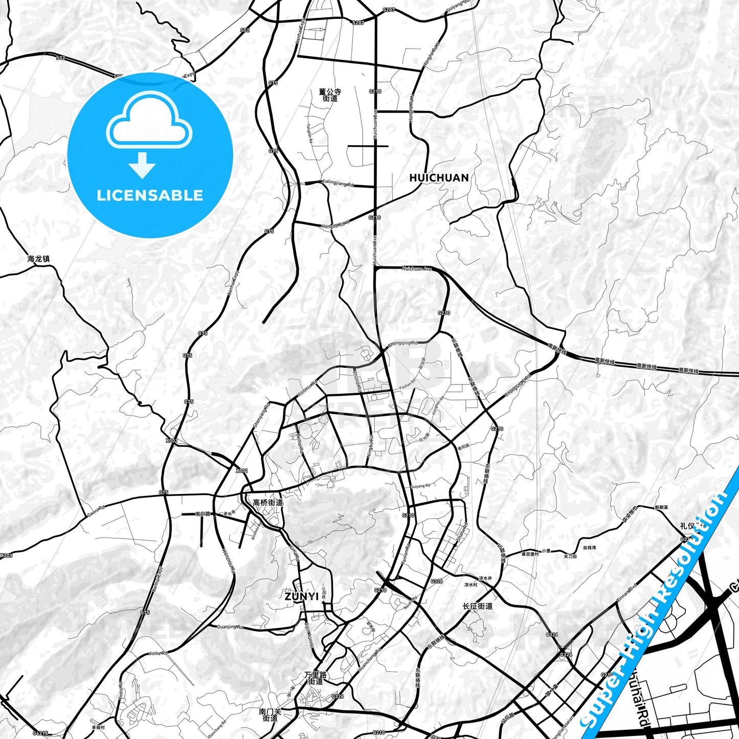 Zunyi, China Light Map with Street Names, City Names, and Districts